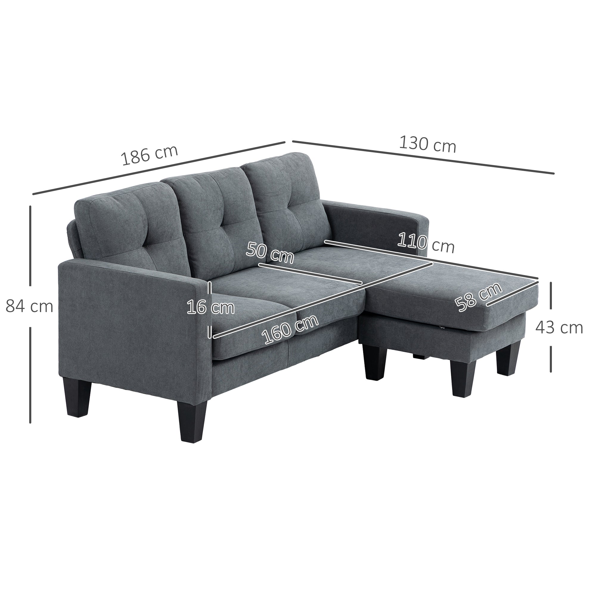 HOMCOM Ecksofa in L-Form, beidseitig anbringbare Chaiselongue, Polstersofa, Dunkelgrau
