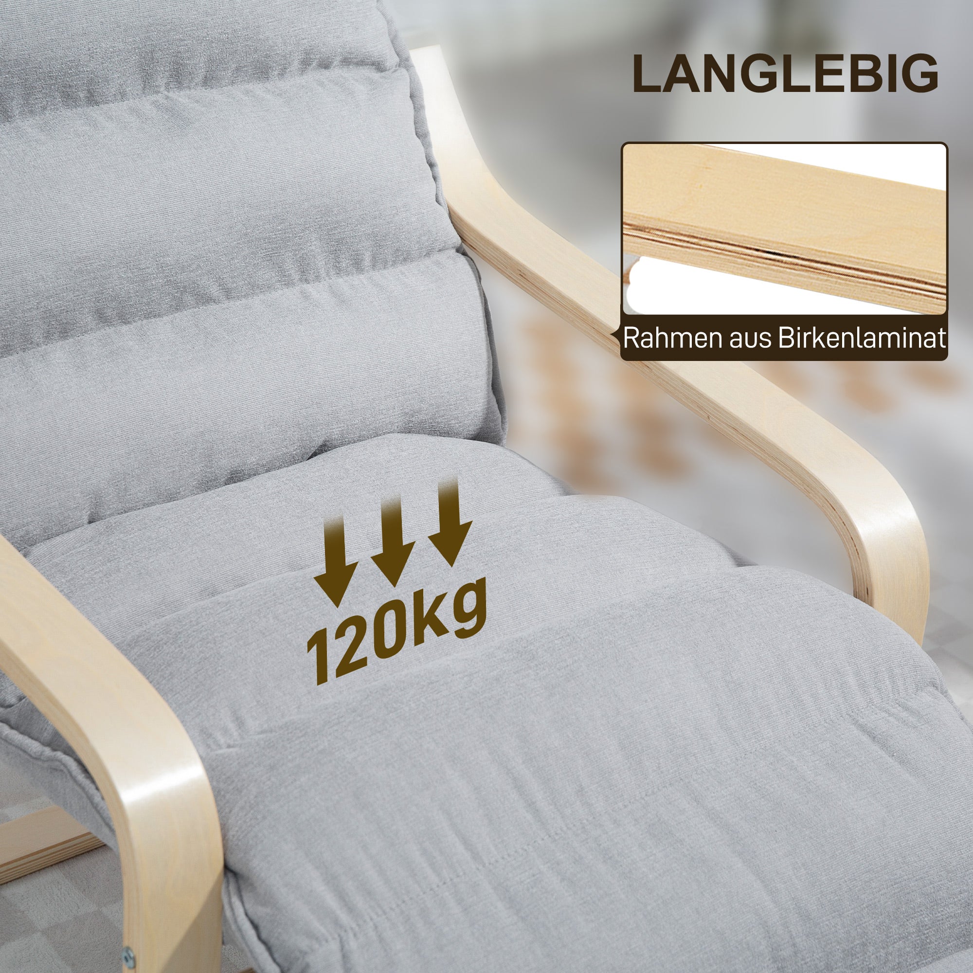 HOMCOM Lounge-Sessel aus Birkenholz, Polstersessel mit verstellbarer Fußstütze, Moderner Armlehnstuhl, Hellgrau