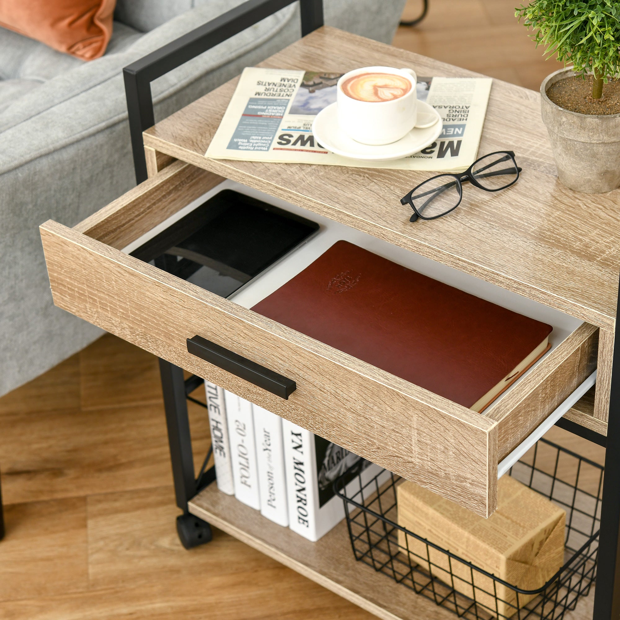 HOMCOM Beistelltisch Servierwagen mit Rädern Küchenwagen Kaffeetisch mit Schublade Ablage Sideboard beweglich Spanplatte Natur 60 x 30 x 65 cm