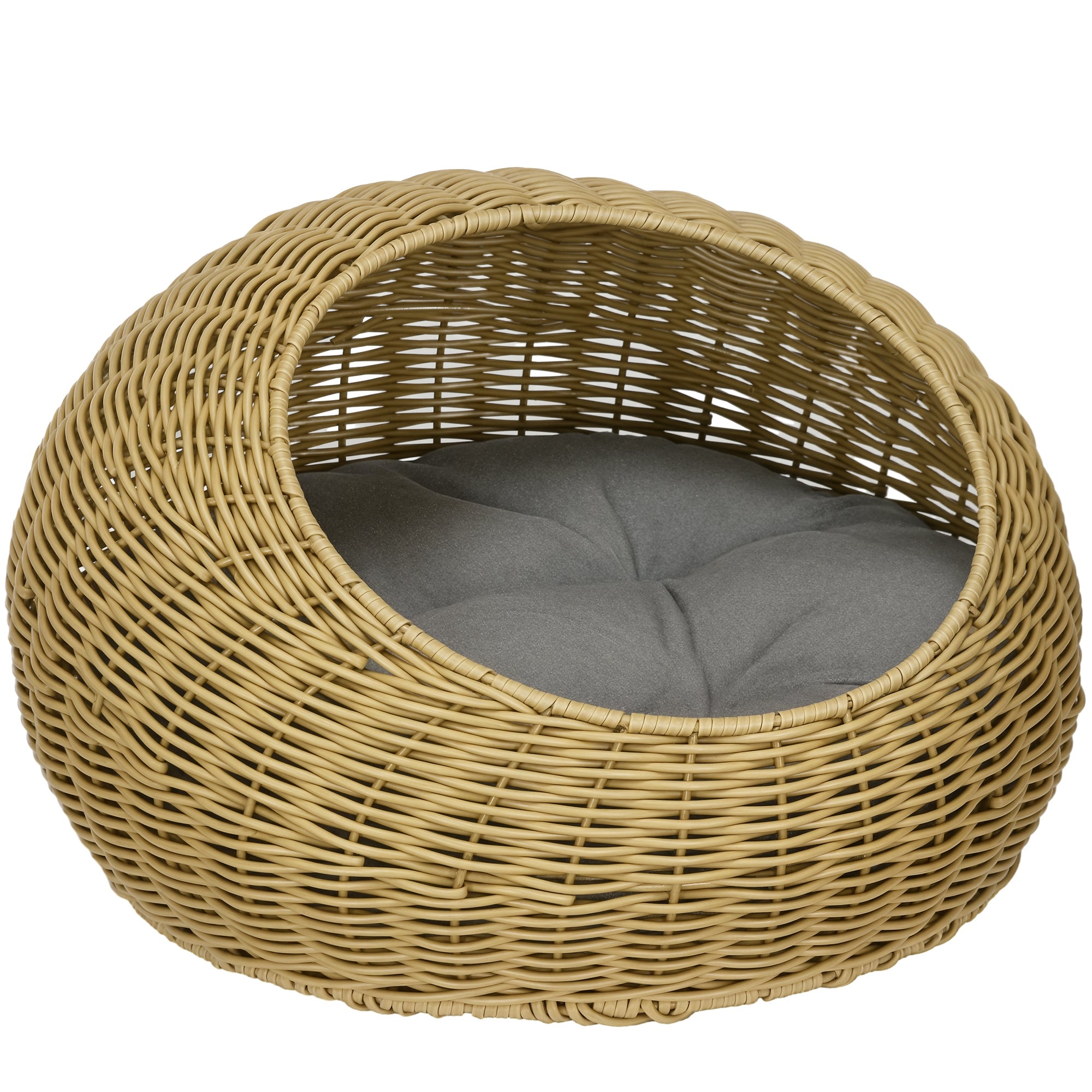PawHut Katzenhöhle mit waschbarem Kissen, für Tiere bis 4 kg, Indoor, Kunst-Rattan, Ø50 x 31 cm, Hellbraun