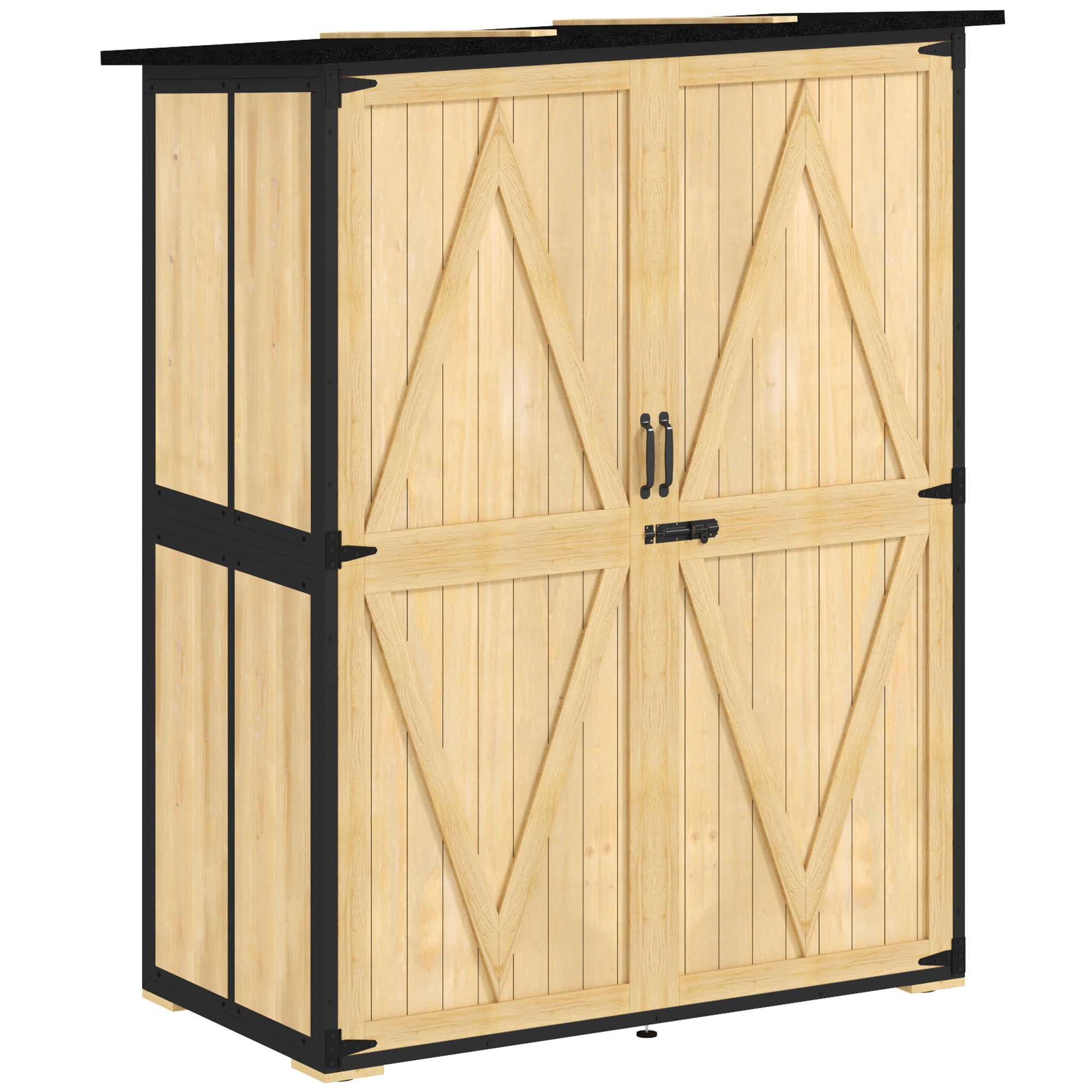 Outsunny Gartenschrank aus Holz und Stahl, Outdoor-Werkzeugschrank mit Asphalt-Dach, 2 Regale, verschließbare Türen, Naturholz