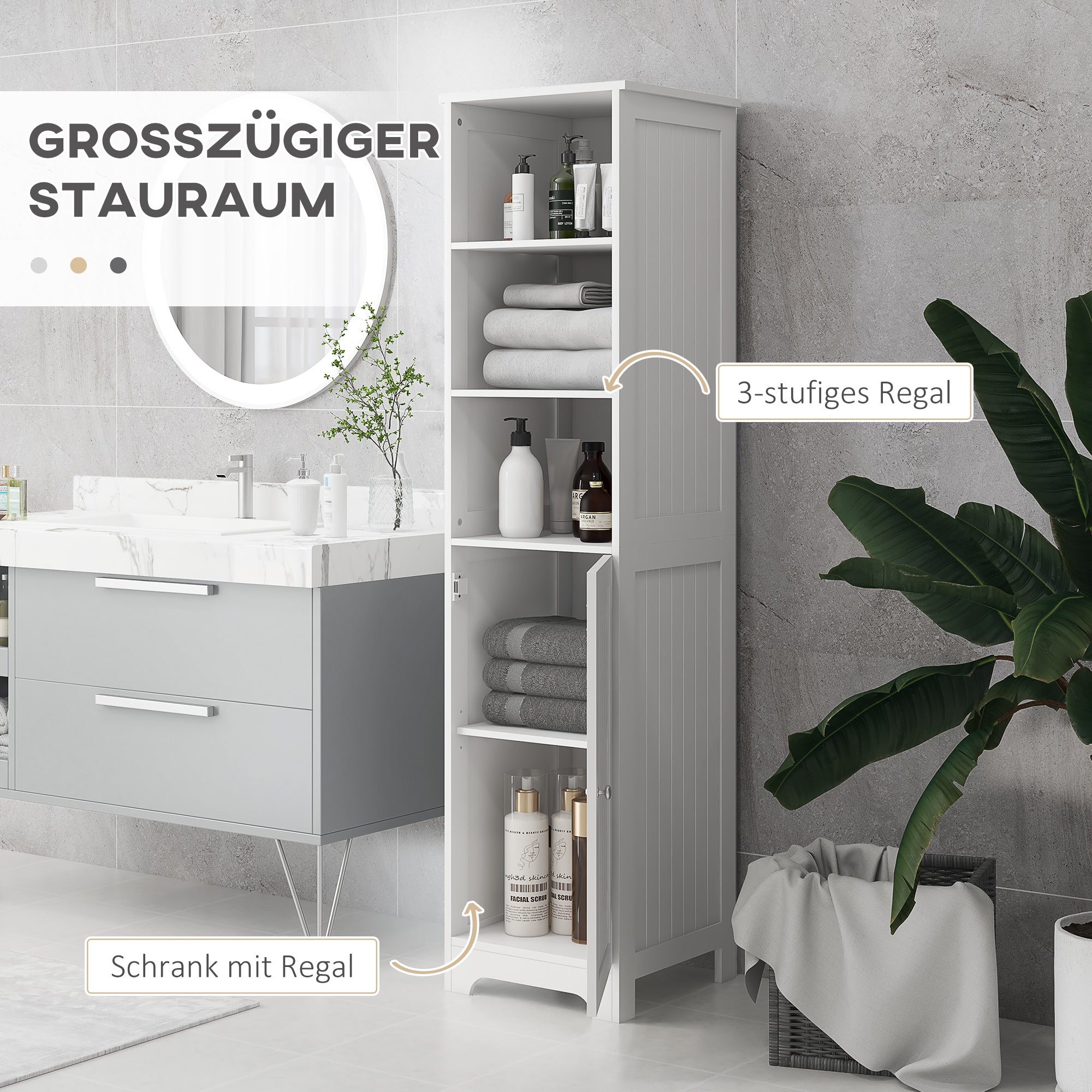 HOMCOM Badezimmerschrank Badschrank Toilettenschrank, 40 cm x 38 cm x 160 cm, Weiß