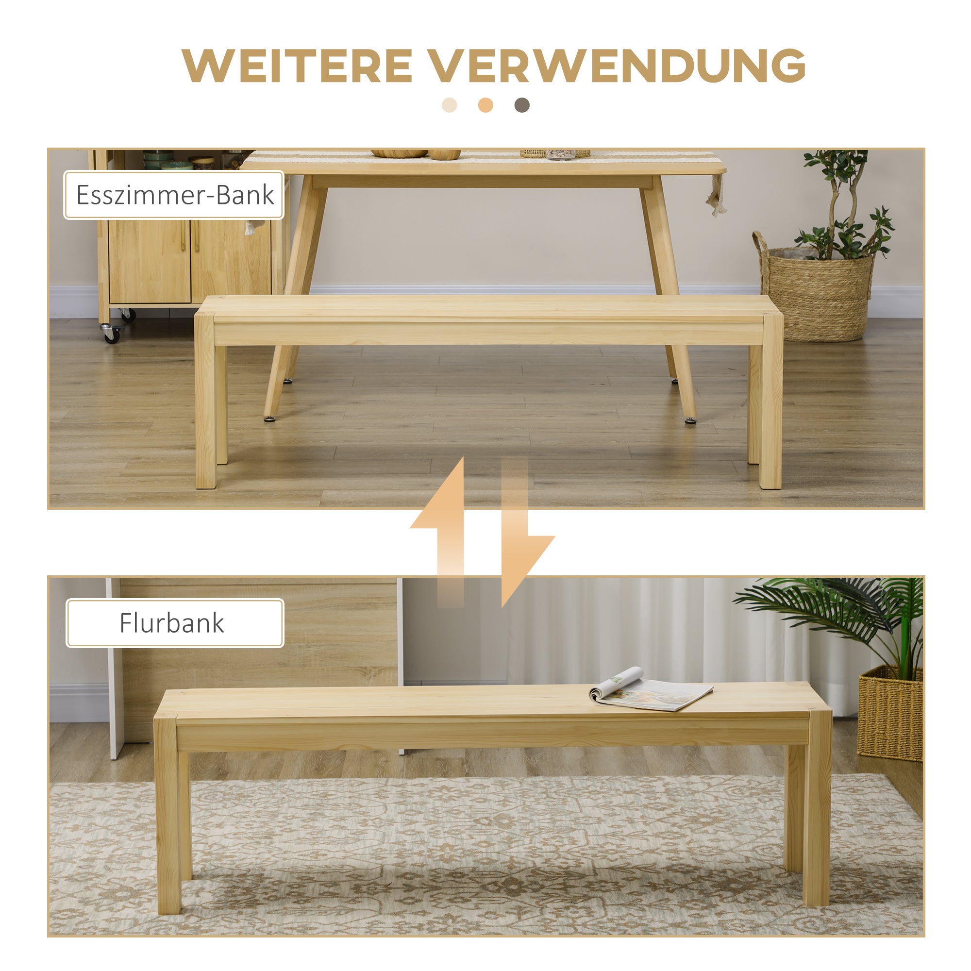 HOMCOM Sitzbank aus Massivholz, 3-Sitzer, Bank, Küchenbank, Kiefernholz, Natur