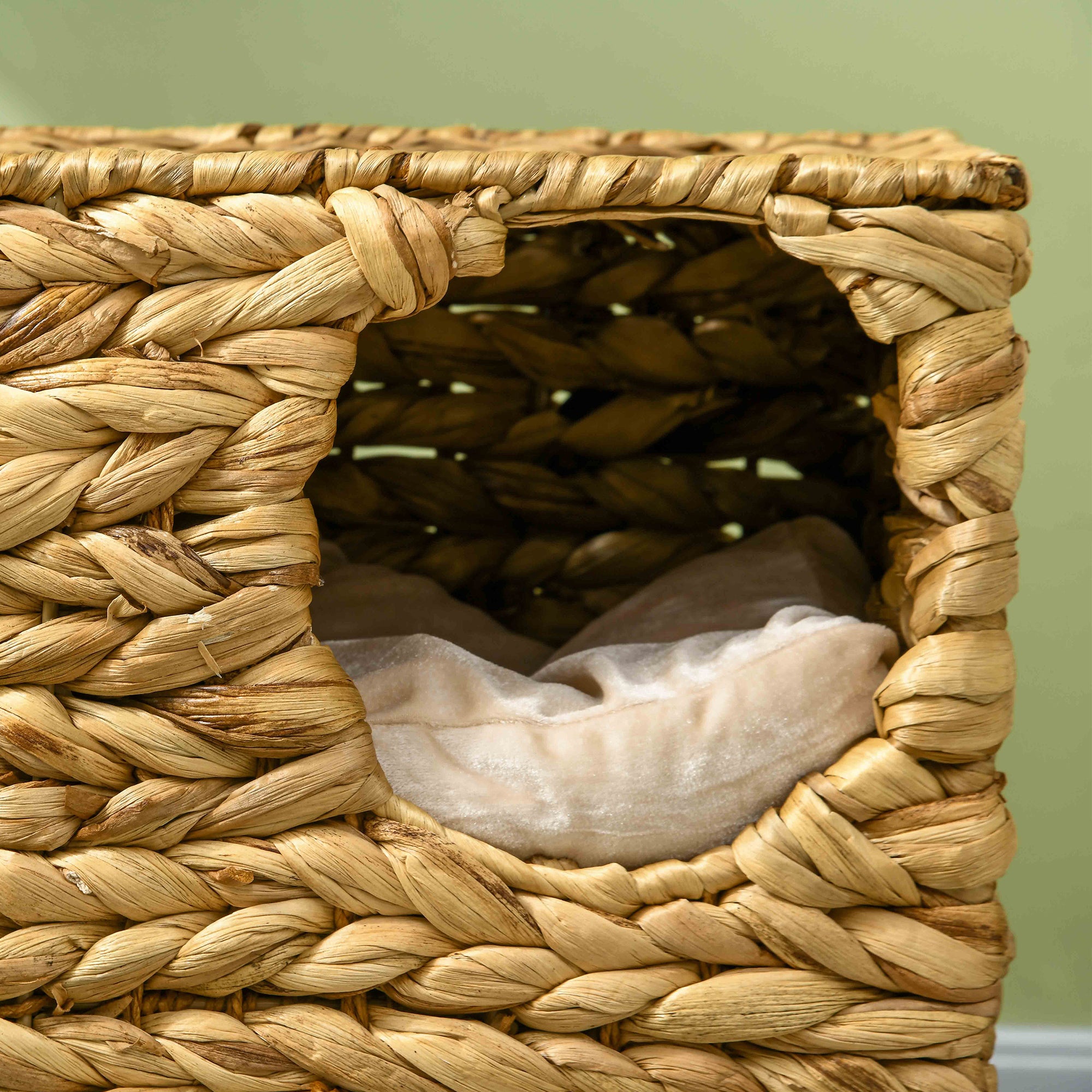 PawHut 2-stöckiges Katzenhaus mit 2 Schlafhöhlen, waschbare Kissen, Wasserhyazinthe, 40x31x55 cm, Hellbraun