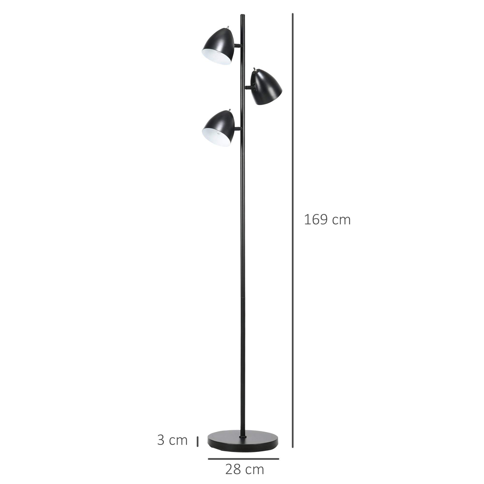 HOMCOM Stehlampe, Bodenlampe, 3 einstellbare Schirme, Metall, Schwarz