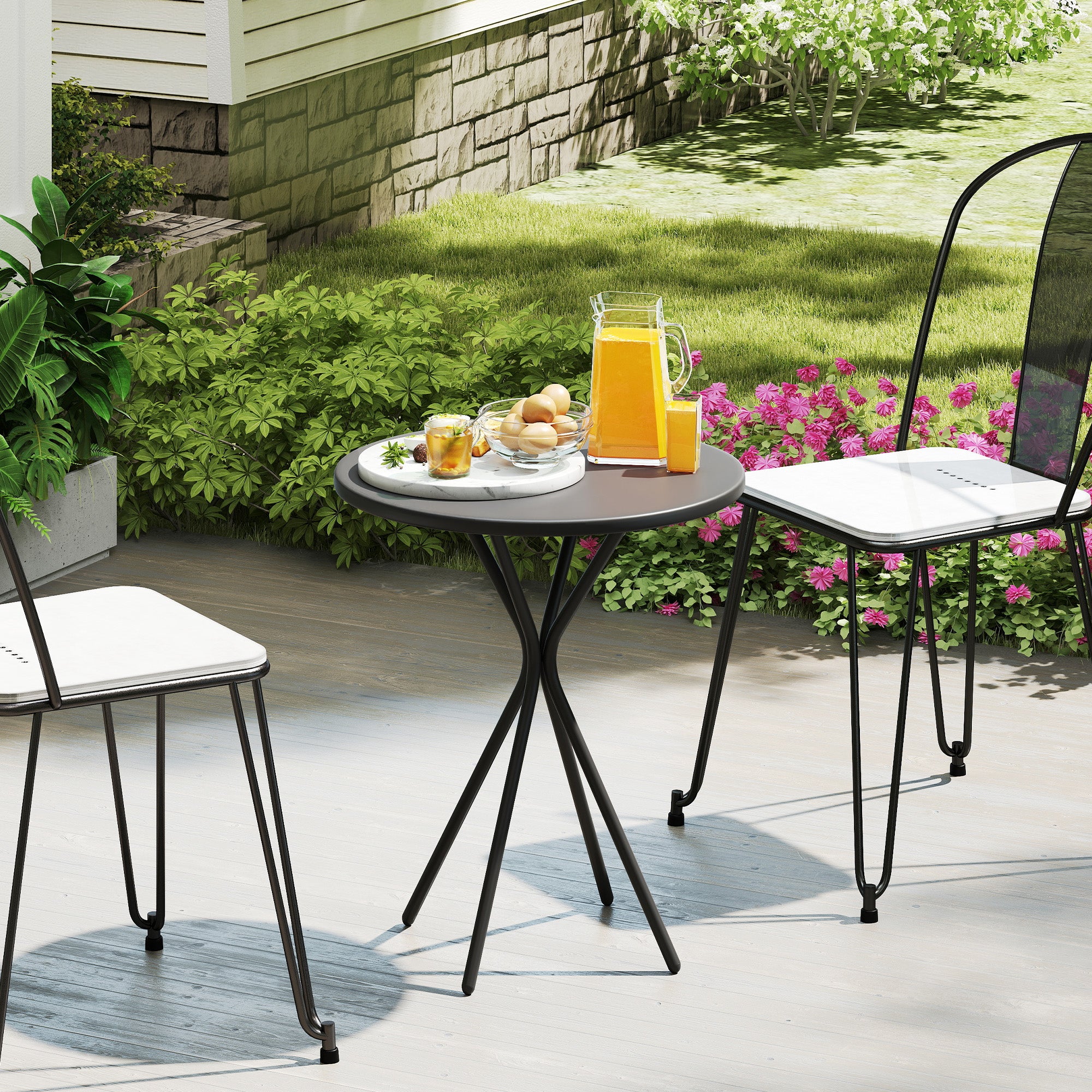 Outsunny Gartentisch Ø60 x 70 cm, Wetterfest Balkontisch aus Stahl, Runder Esstisch mit Fußpolster Schwarz