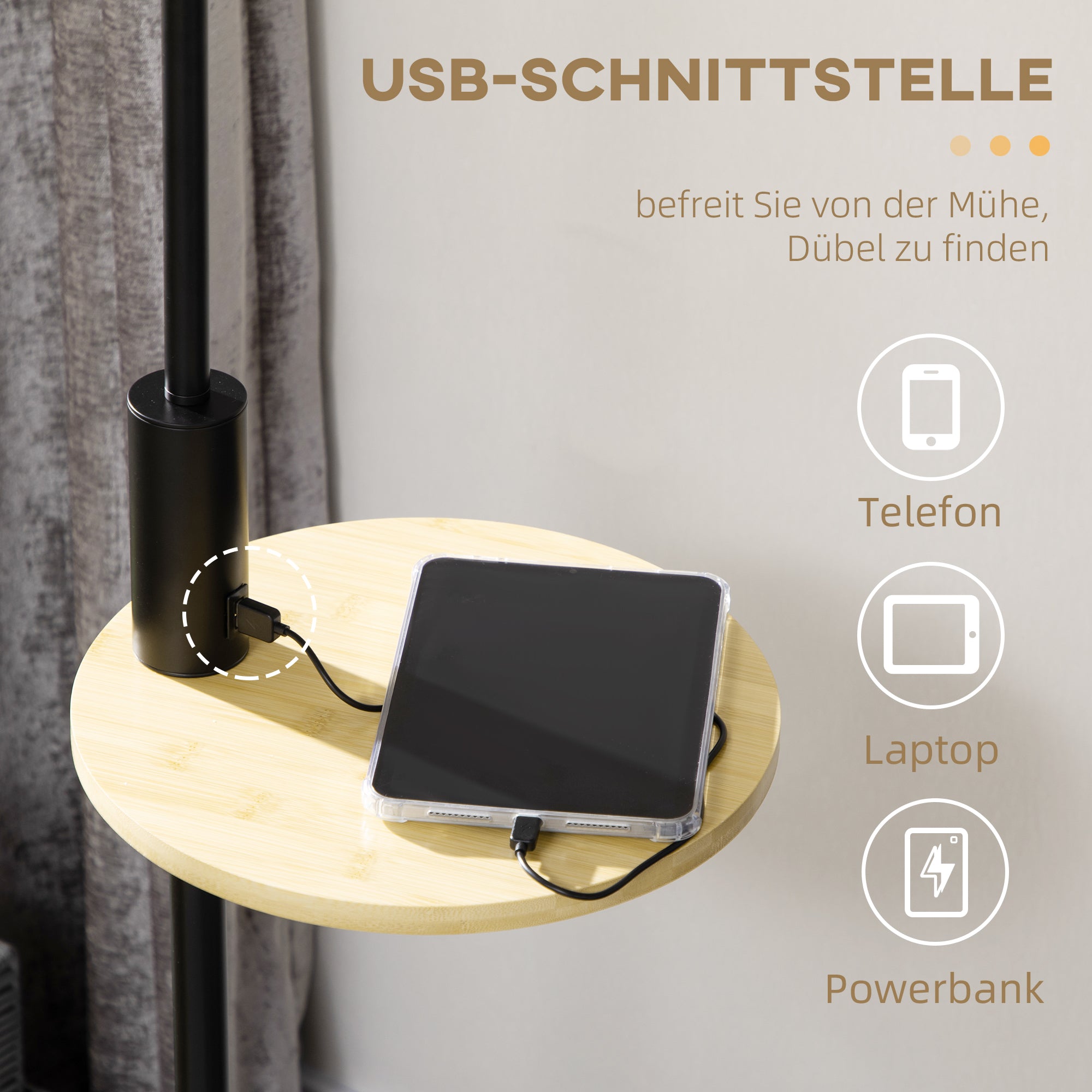 HOMCOM Stehleuchte inkl. Regal, Standleuchte, Kettenzug, E 27, 40 W, Bambus, Natur + Schwarz