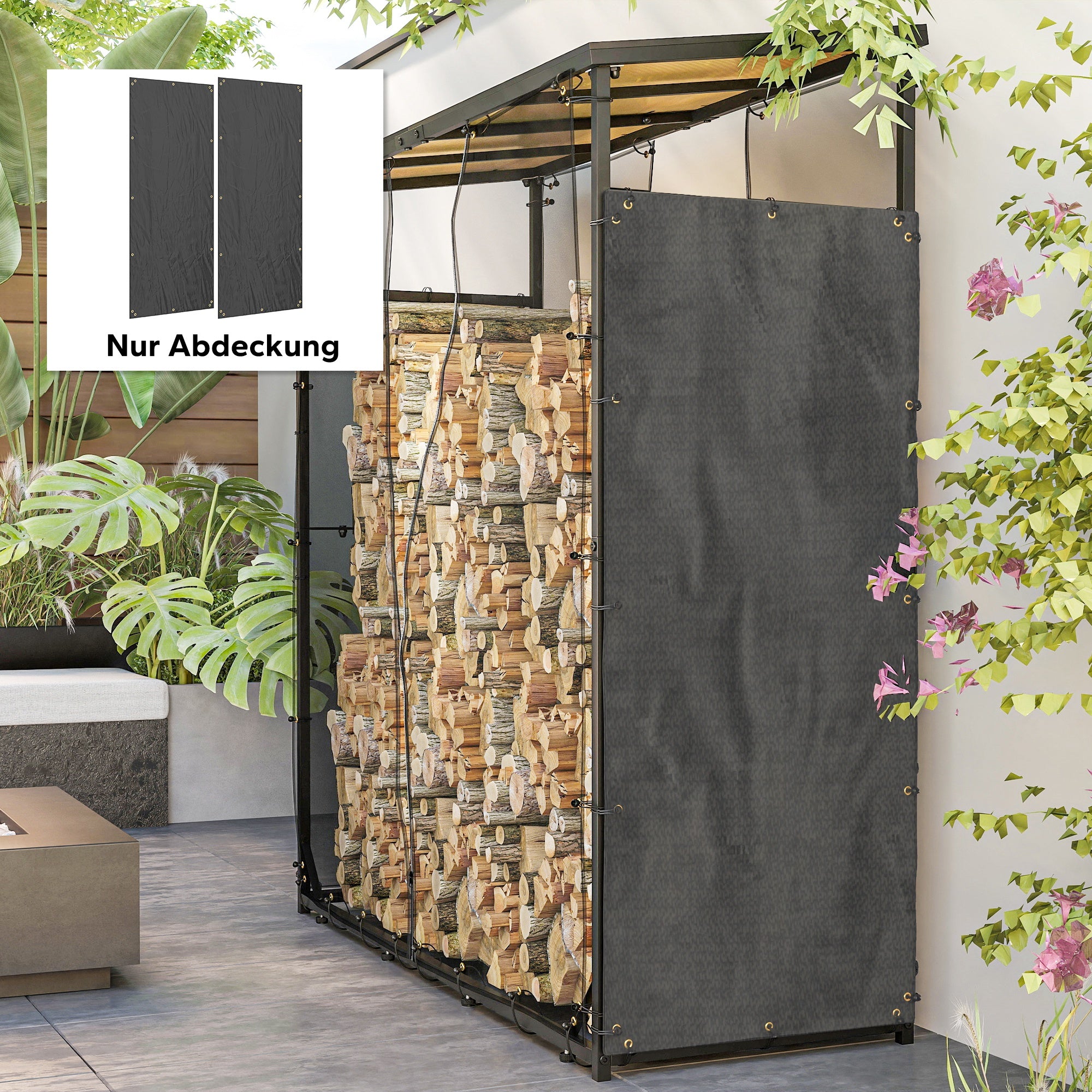 Outsunny Abdeckung für Brennholzregal, 2er-Set, wetterfest & staubdicht, 148 x 62 cm, Schwarz