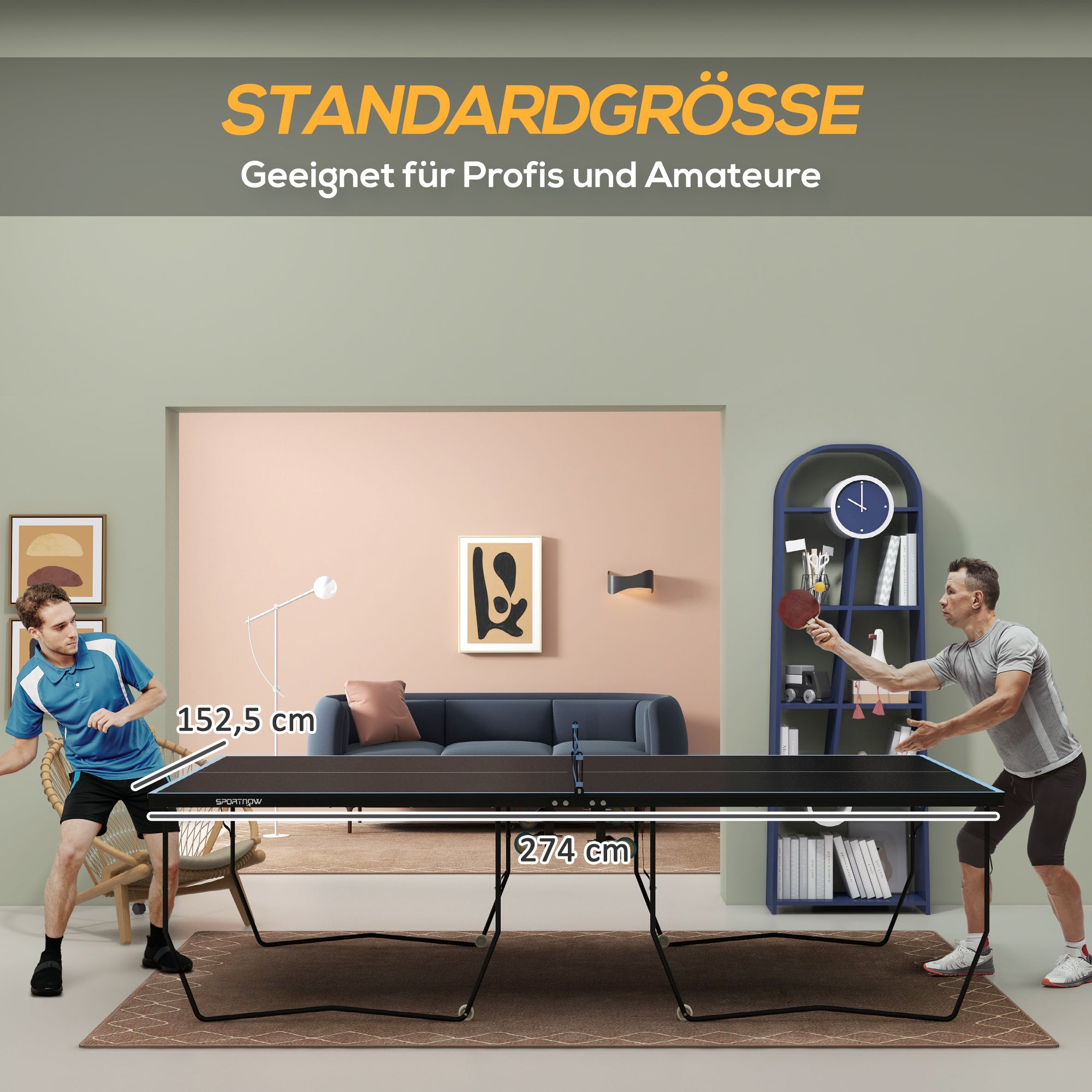 SPORTNOW Tischtennisplatte, klappbar, 8 Räder, pulverbeschichteter Stahlrahmen, MDF, 274 x 152,5 x 76 cm, Schwarz