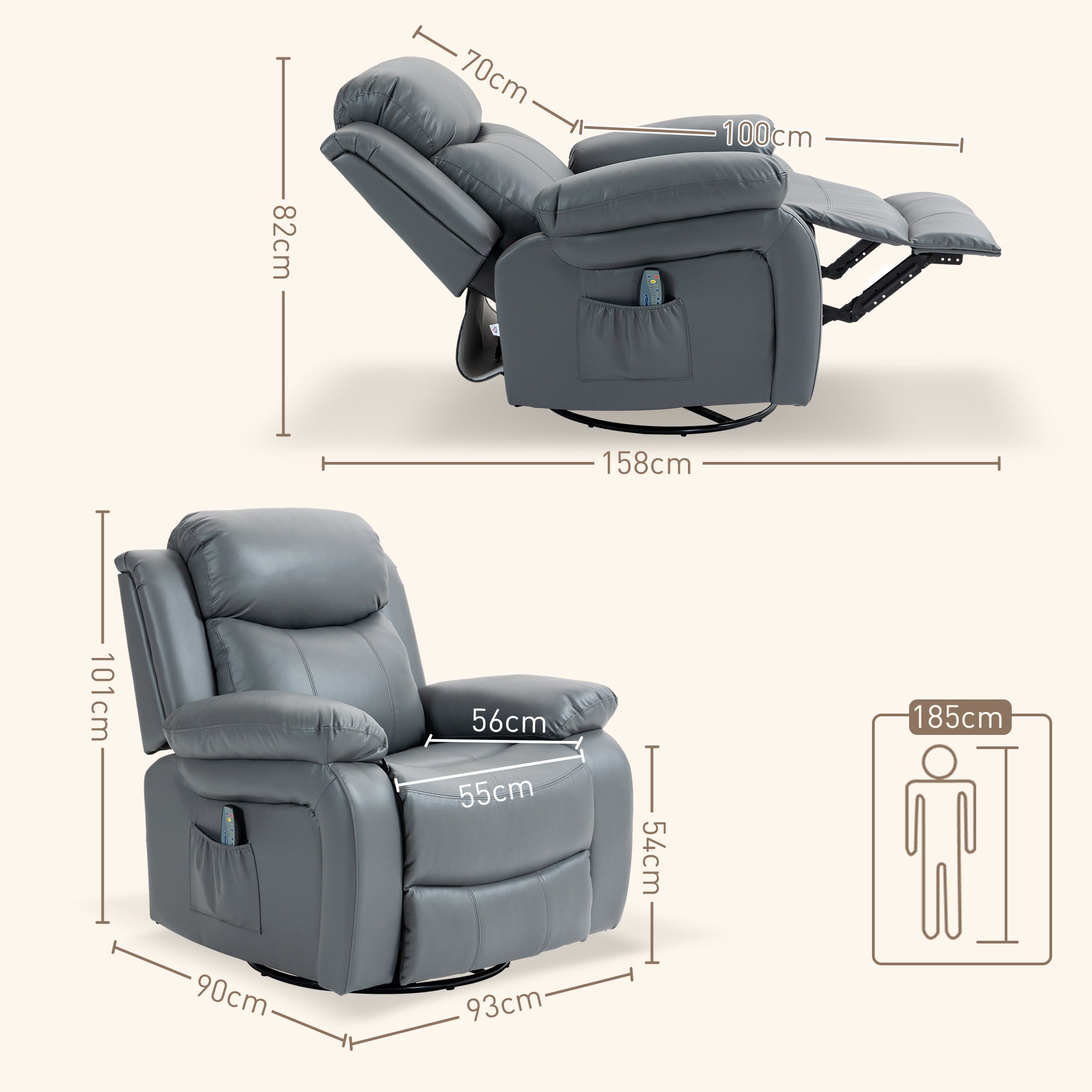 HOMCOM Massagesessel, Wipp- & Liegefunktion, drehbar, bis 150 kg, Kunstleder, Grau