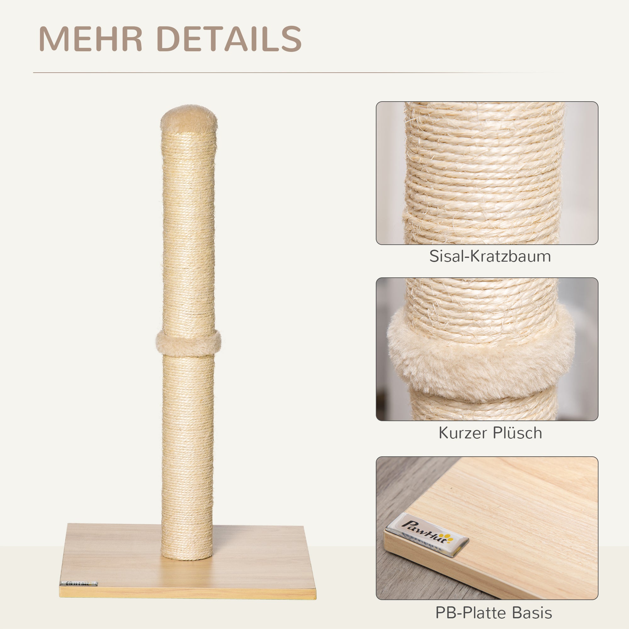 PawHut Kratzstamm für Katzen Kratzsäule aus Sisal stabiler Kratzbaum Kratz Spielzeug Katze mit Ball 60 cm Spanplatte Sisal Beige+Eiche 34 x 34 x 60 cm