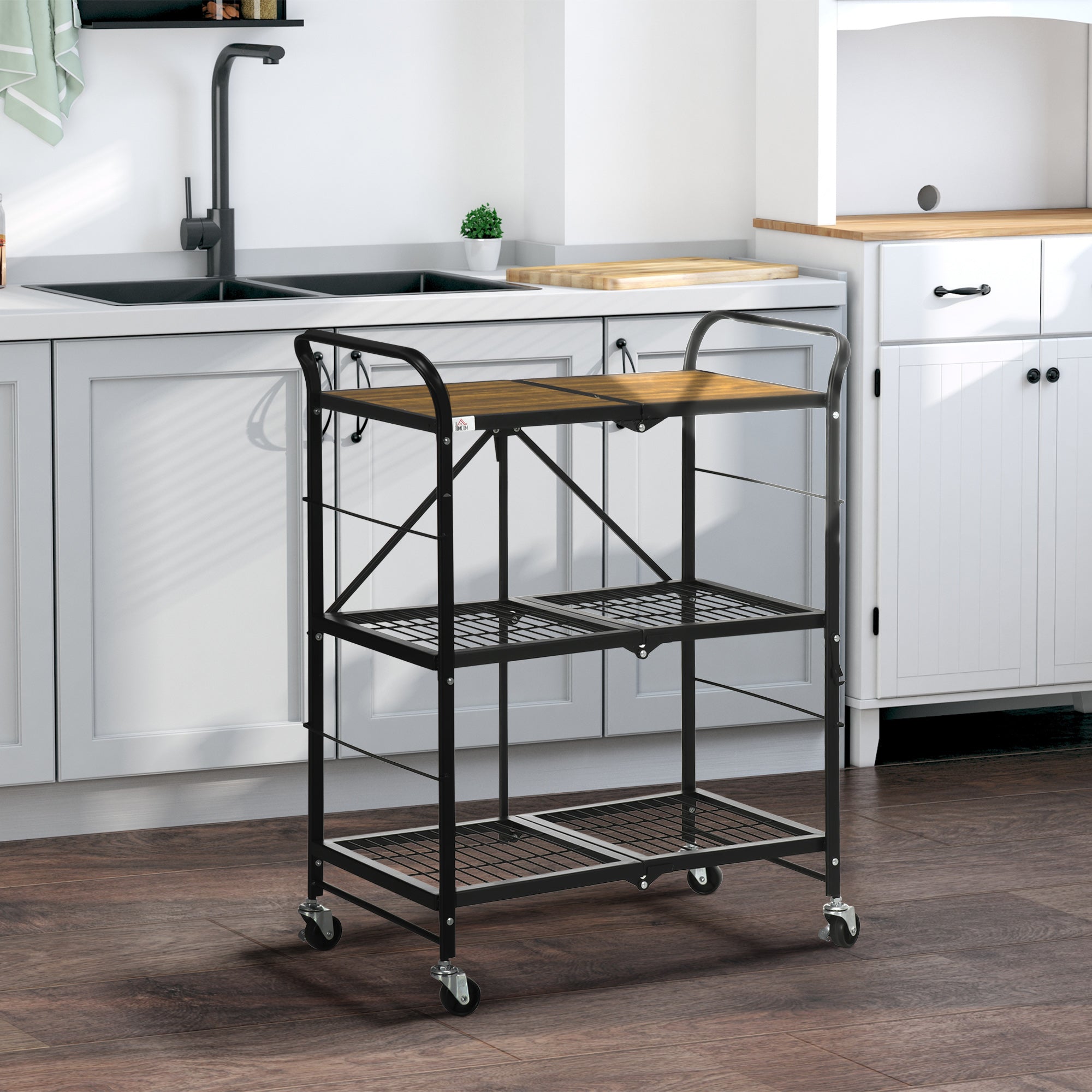 HOMCOM Küchenwagen im Industriedesign, mit 3 Regalen, Mehrzweckwagen, Servierwagen, 4 Räder, klappbar, Braun + Schwarz