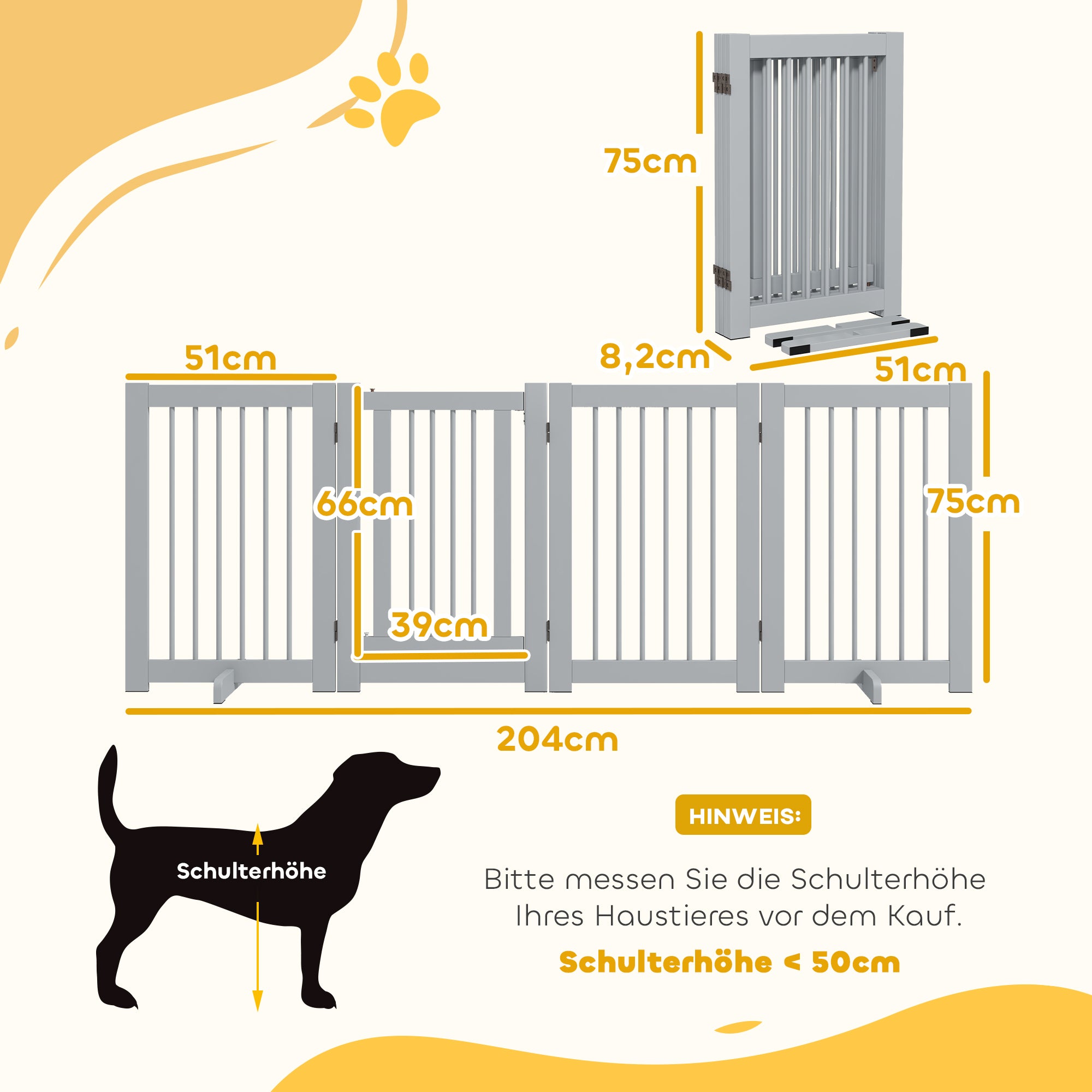 PawHut Freistehendes Hundegitter, 4 Paneele, flexibel, Kiefernholz, 204L x 36B x 75H cm, Hellgrau