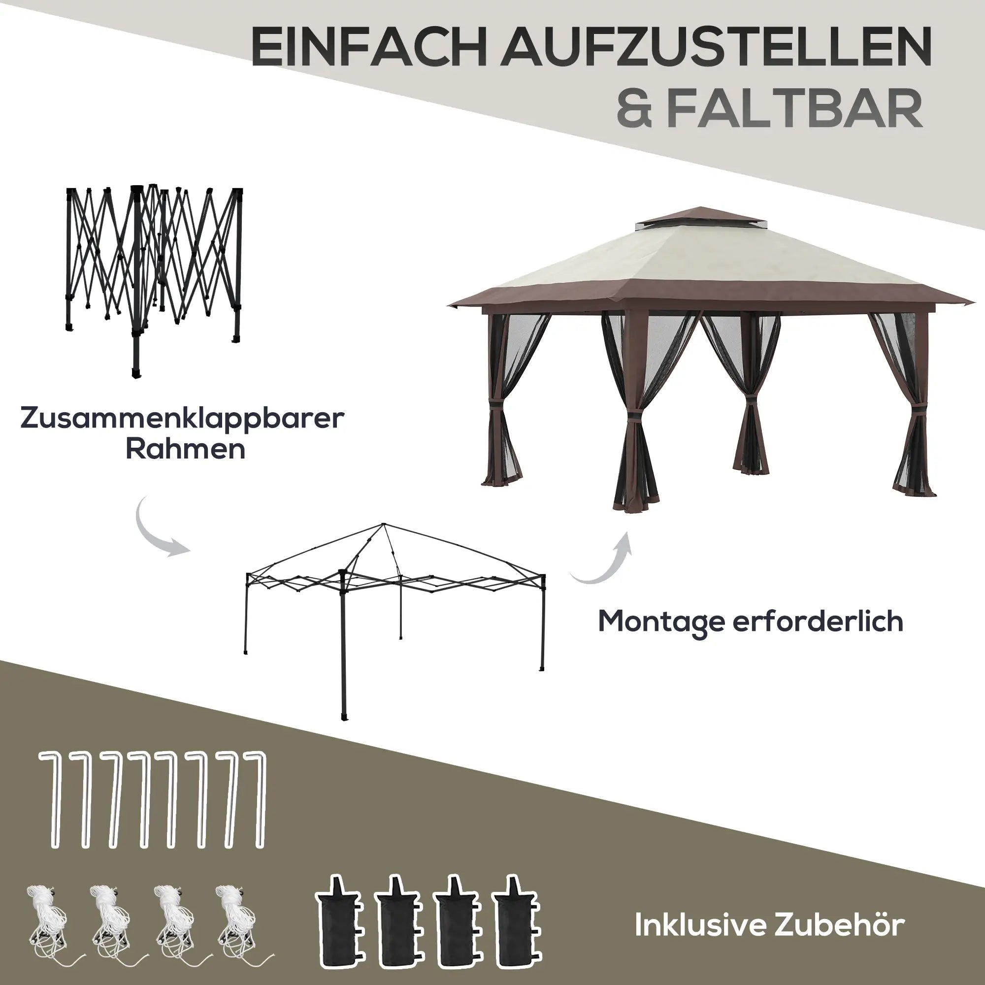 Outsunny Faltpavillon 4x4m UV-Schutz & Netzvorhänge Beige