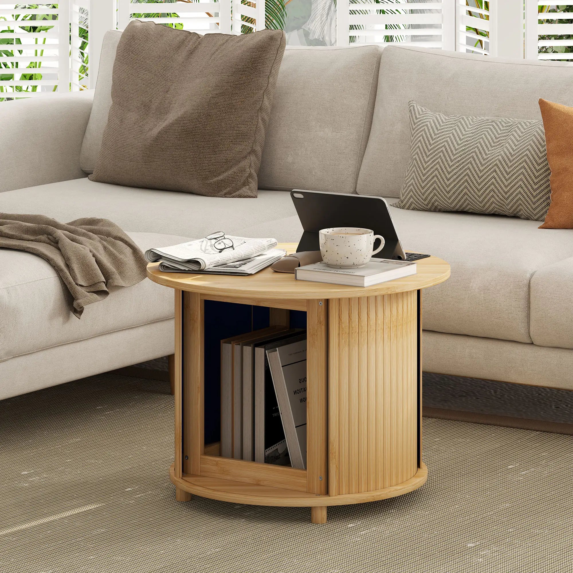 HOMCOM Couchtisch mit Stauraum und Schiebetür Bambus