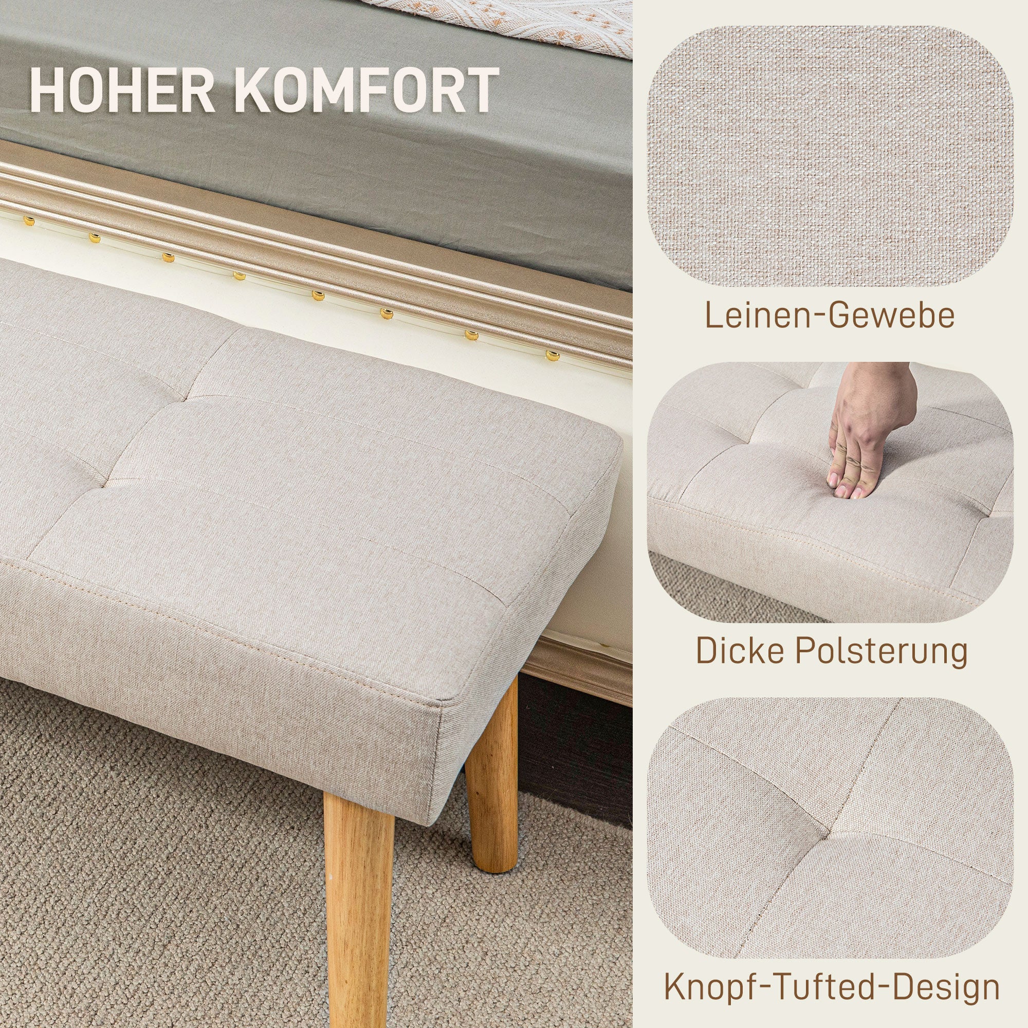HOMCOM Bettbank, Sitzbank, weicher Bezug, Leinenoptik, bis 120 kg, Naturholzbeine, 120x41x43cm, Creme