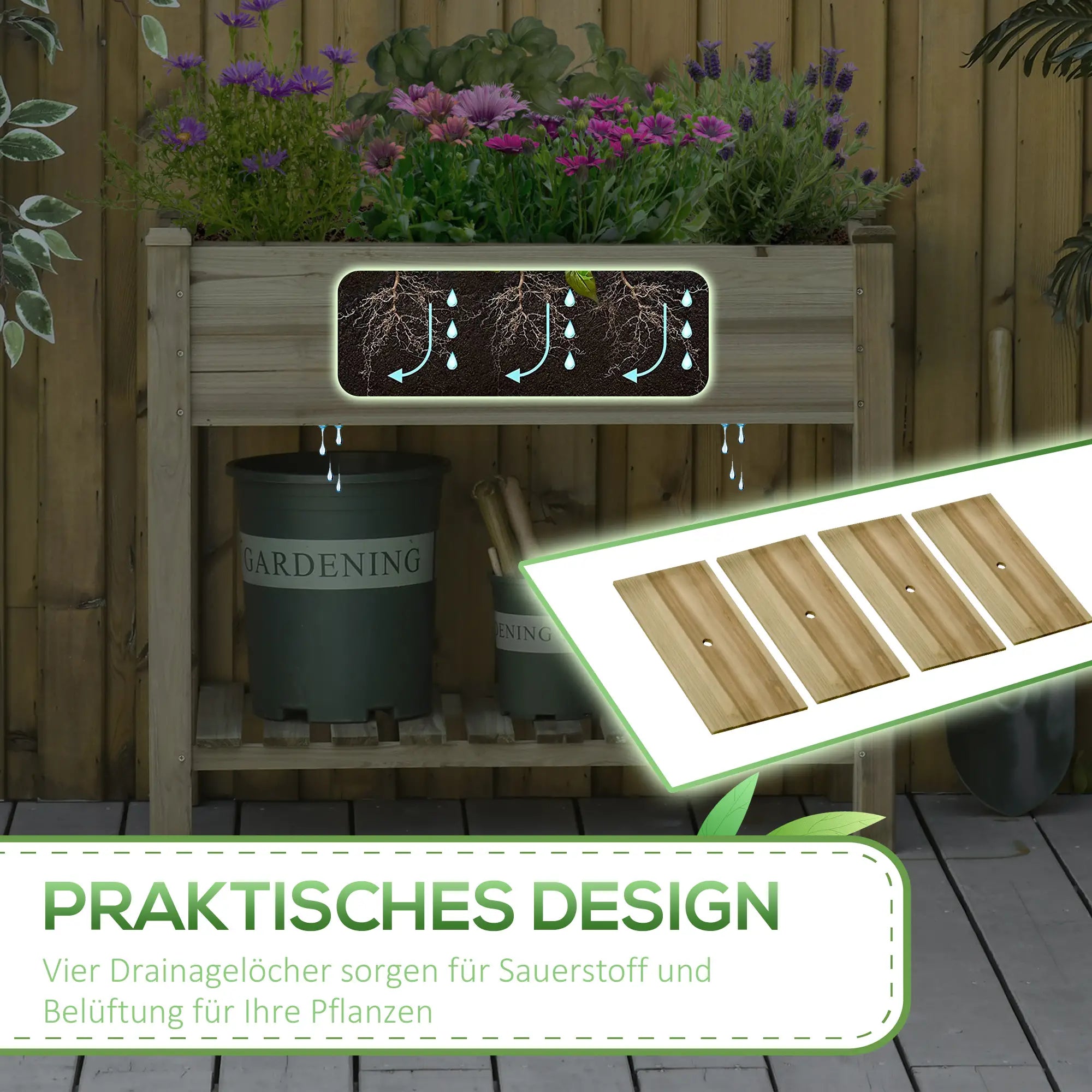 Outsunny Hochbeet, Erhöhter Pflanzkübel aus Holz mit unterem Regal, robuste Konstruktion, Ablauflöcher, 91L x 51B x 76H cm, Grün