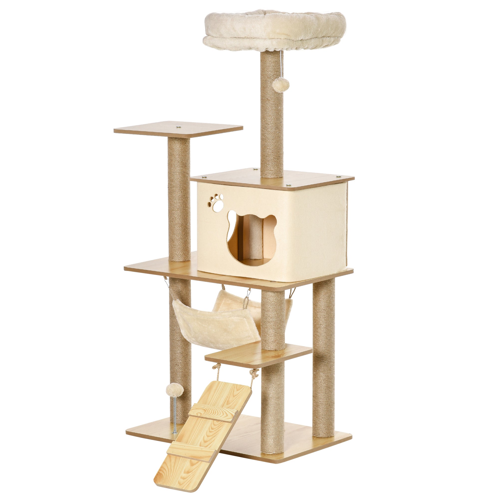 PawHut Kratzbaum Katzenbaum für Katzen Kletterbaum aus Holz mit Katzenhöhle Jutestämmen großer Plattform Spielbälle 130 cm Höhe stabil Plüsch Gelb 60 x 40 x 130 cm