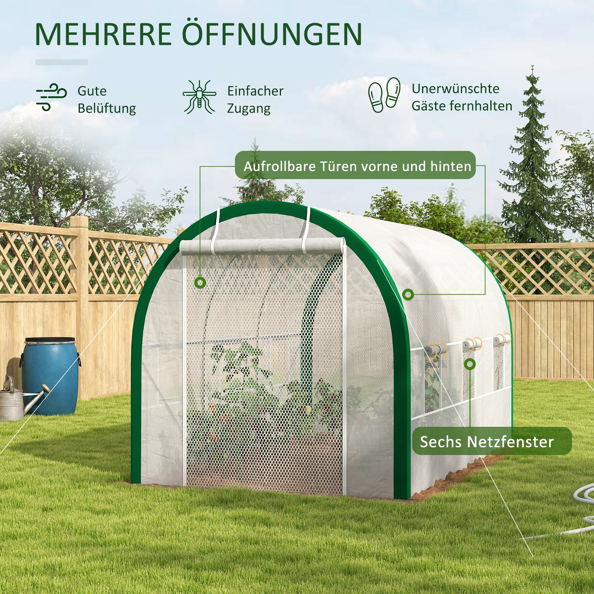 Outsunny Tunnel-Gewächshaus, Treibhaus, Reißverschlusstüren, Netzfenster, Metallrahmen, 3,5 x 2 x 2m, Weiß