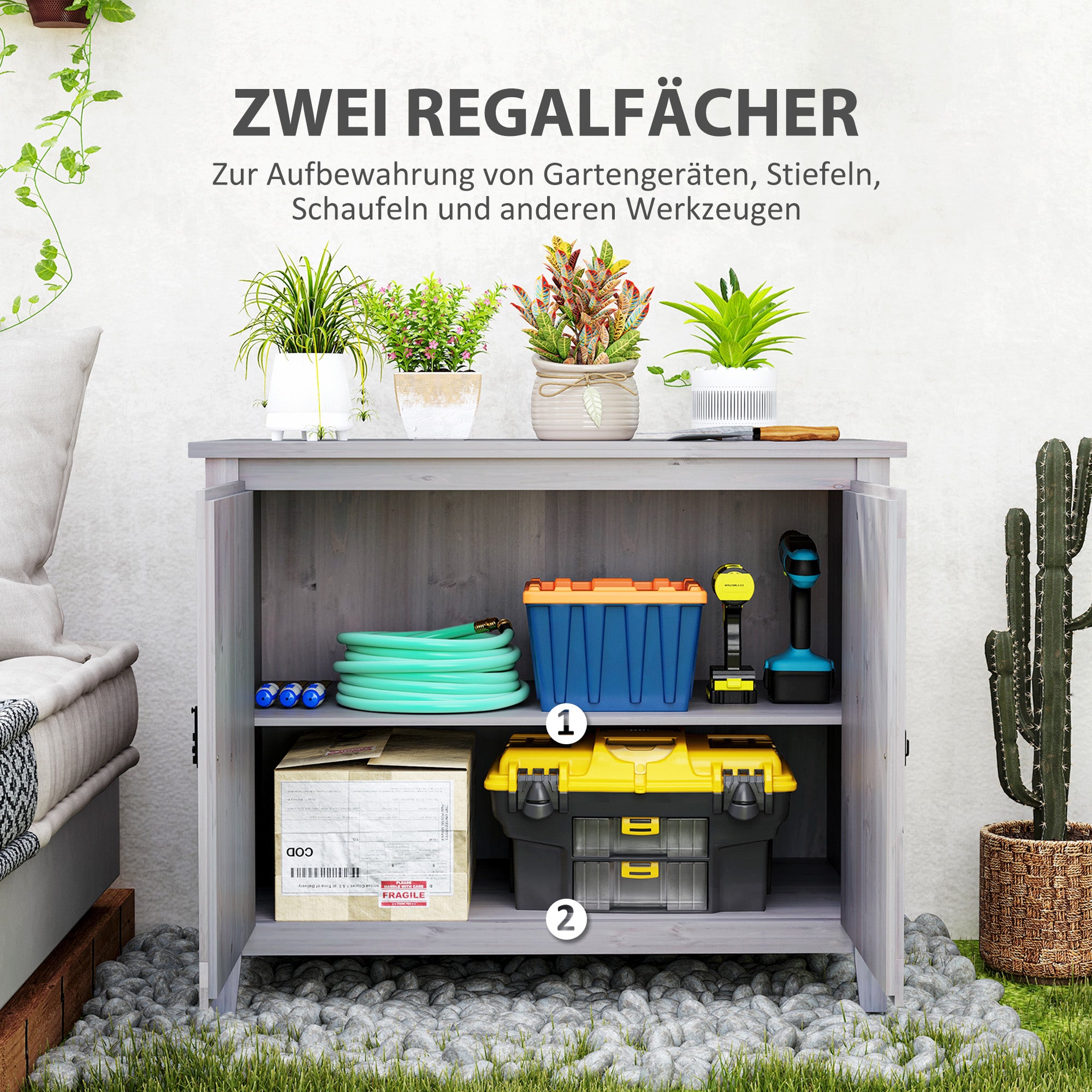 Outsunny Gartenschrank, Holzschrank für Gartengeräte, Outdoor-Schrank für Terrasse, mit Doppeltüren, Scheunendesign, Hellgrau