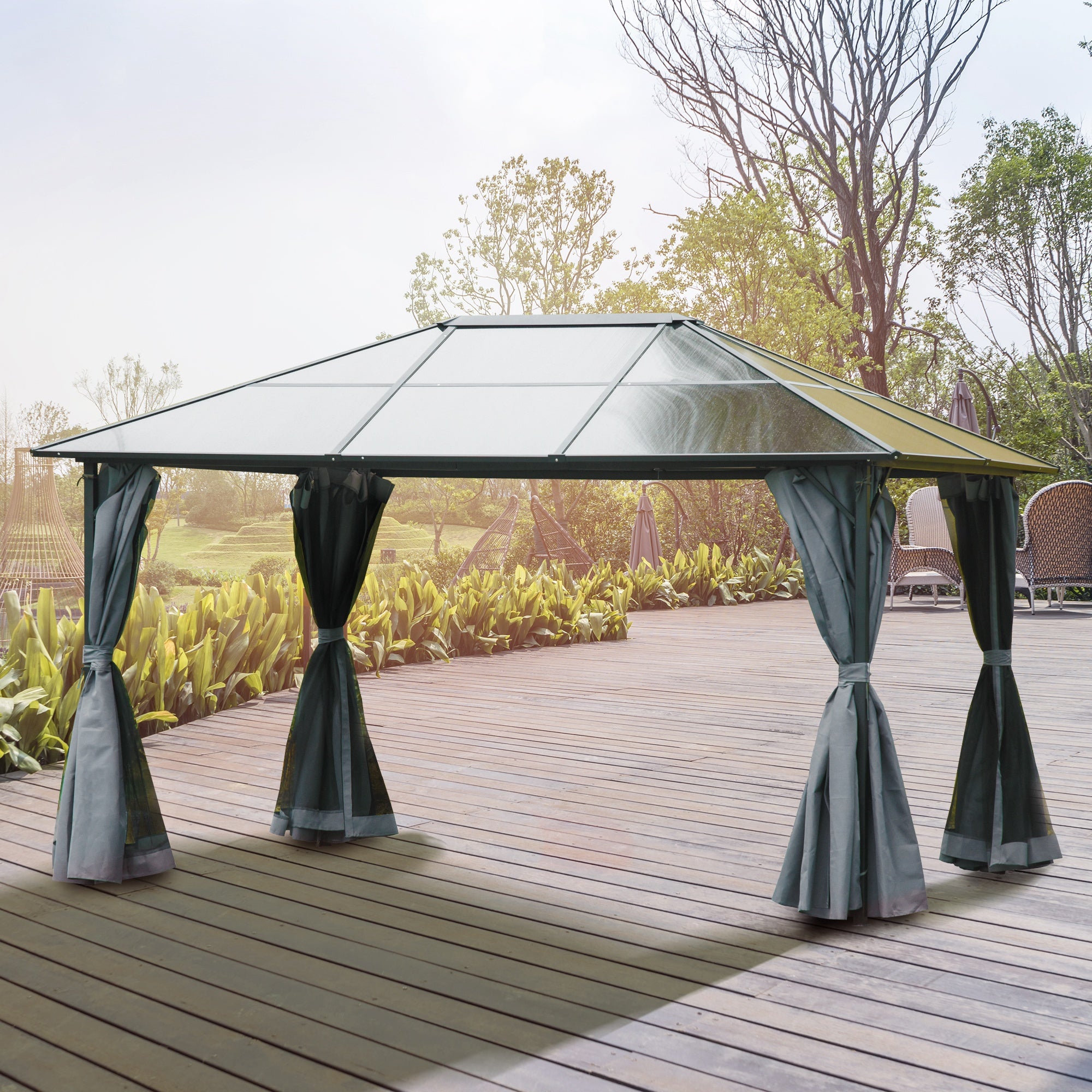 Outsunny Pavillon mit Polycarbonatdach, Vorhänge mit Fliegennetz, Alugestell, dunkelgrau, 3 x 4 x 2,6 m
