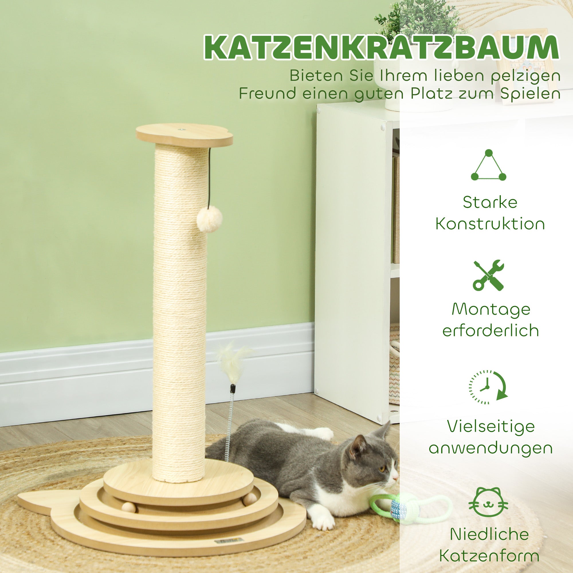 PawHut Katzenkratzbaum, 69 cm, Sisal-Kratzpfosten, Kugelbahn, Spielball, Spielfeder, 4-in-1-Design, Cremeweiß