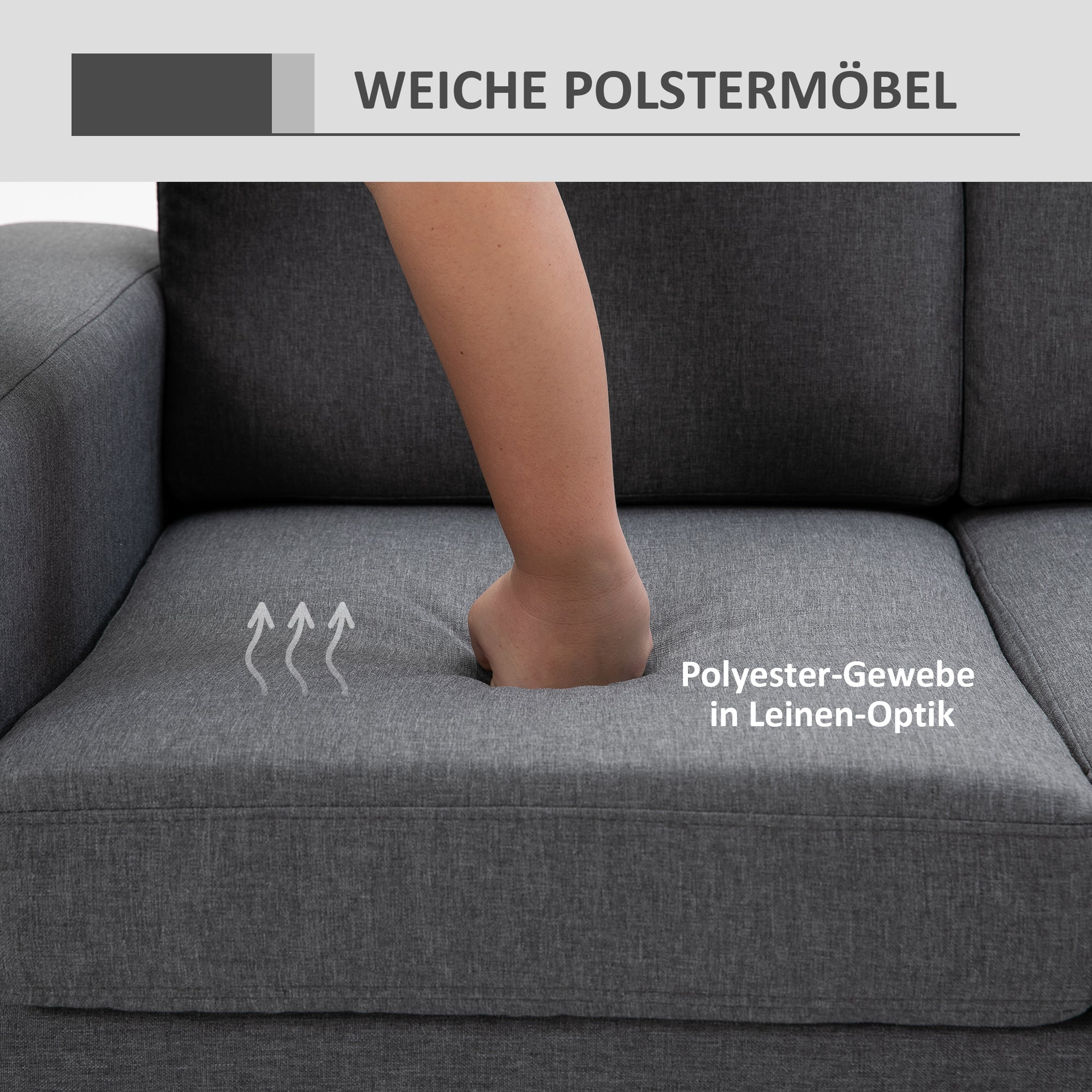 HOMCOM 3 Sitzer Sofa Dreisitzer Stoffsofa mit Kissen Armlehne Leinenoptik für Schlafzimmer 200 x 82 x 78 cm Dunkelgrau