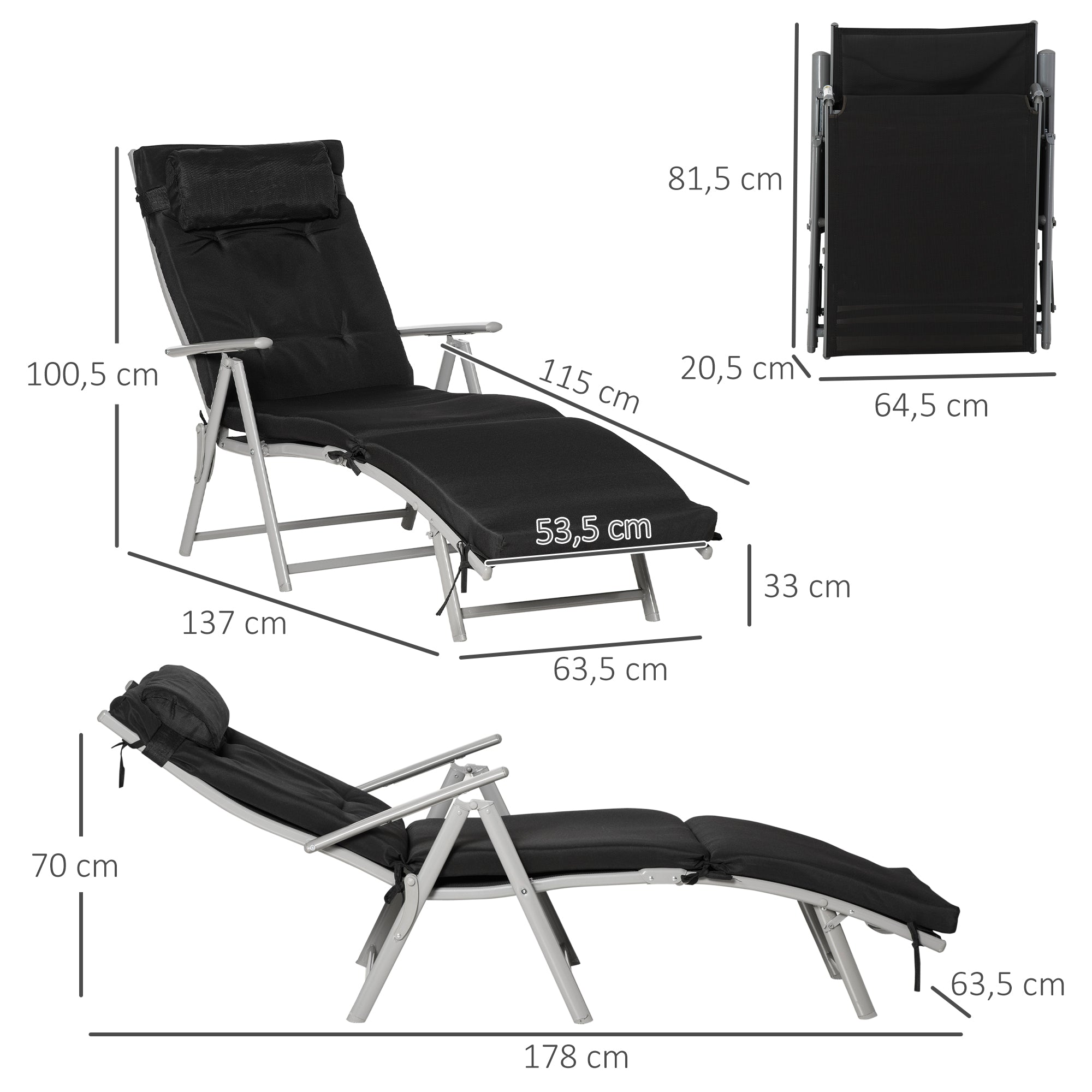 Outsunny Sonnenliege klappbar Strandliege mit Kopfkissen Sitzkissen Liegestuhl mit 7-Fach verstellbare Rückenlehne Gartenliege Relaxliege bis 165 kg belastbar, für Garten Urlaub Outdoor, Schwarz
