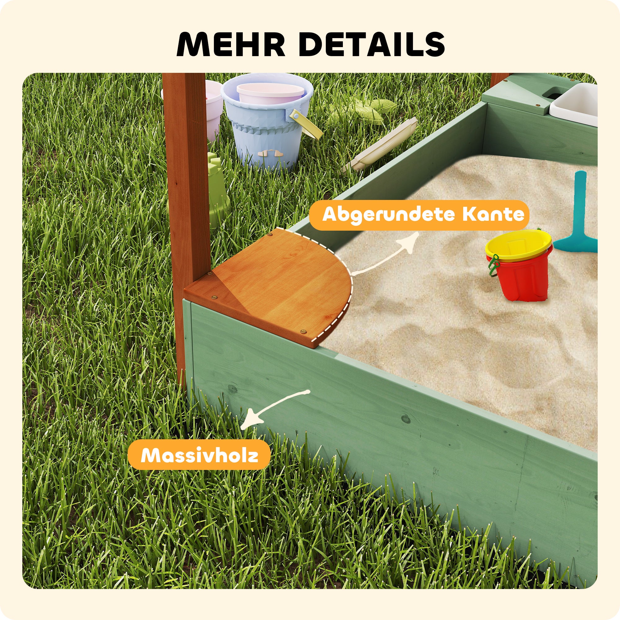 AIYAPLAY Sandkasten mit Sonnendach für Kinder, 2 Aufbewahrungsbehälter, 116L x 112,5B x 128H cm, Tannenholz, Kunststoff, Grün