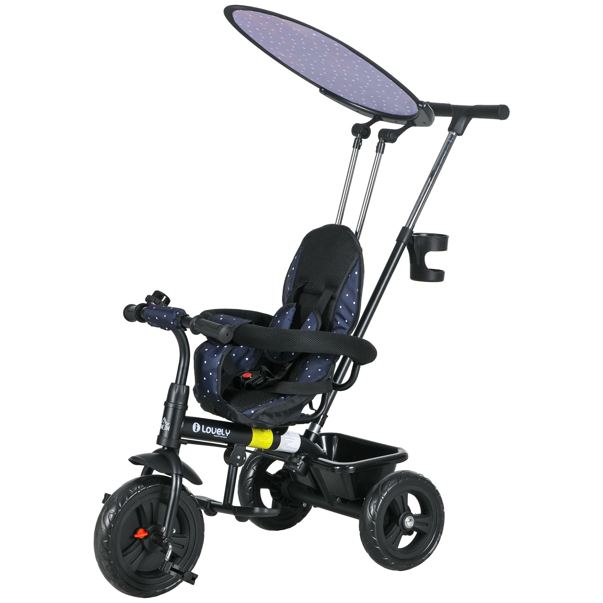 HOMCOM 6-in-1 Kinderdreirad mit Schiebestange, Dach, Gurt, Ablagekorb, für 1-5 Jahre, Dunkelblau