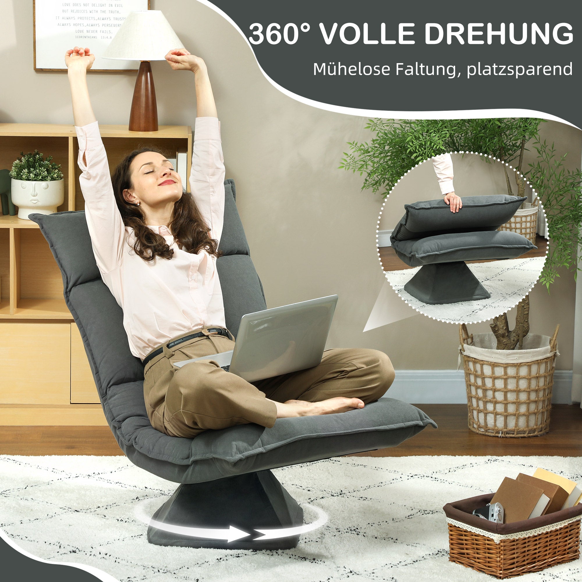 HOMCOM Bodensessel mit 5-fach verstellbarer Rückenlehne, drehbar, moderner Polsterstuhl, Dunkelgrau