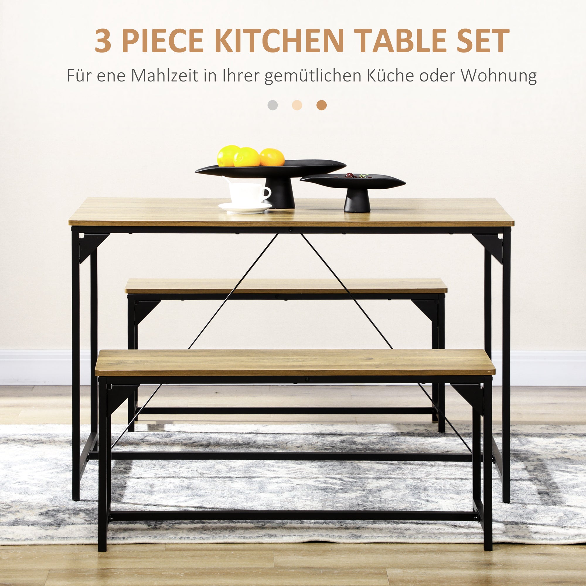 HOMCOM Essgruppe 4 Personen Esstisch mit 2 Bänken, Industriedesign, 120 cm x 70 cm x 75 cm, Schwarz + Natur