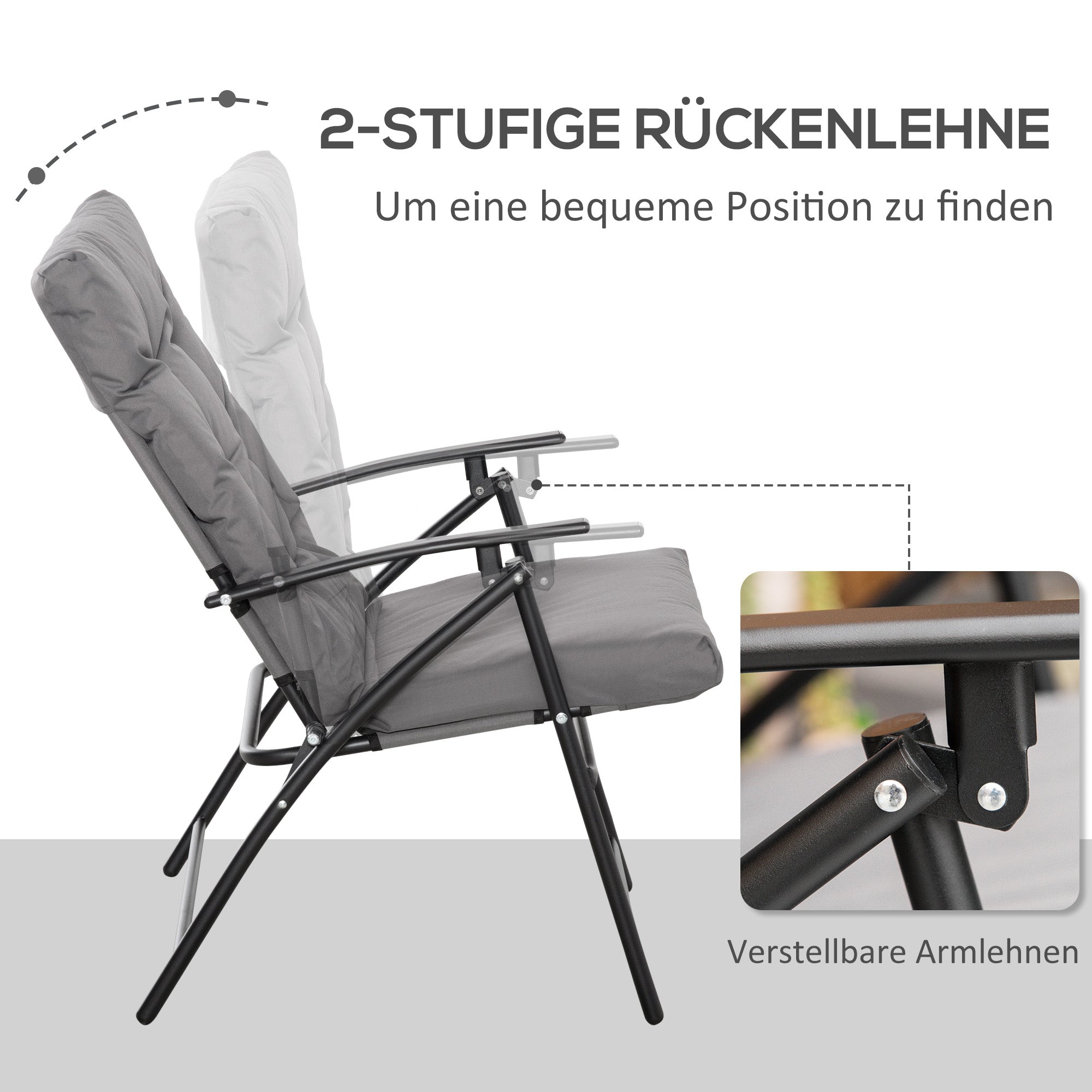 Outsunny Campingstuhl, Klappstuhl, Sitz- und Rückenkissen, verstellbar, Grau