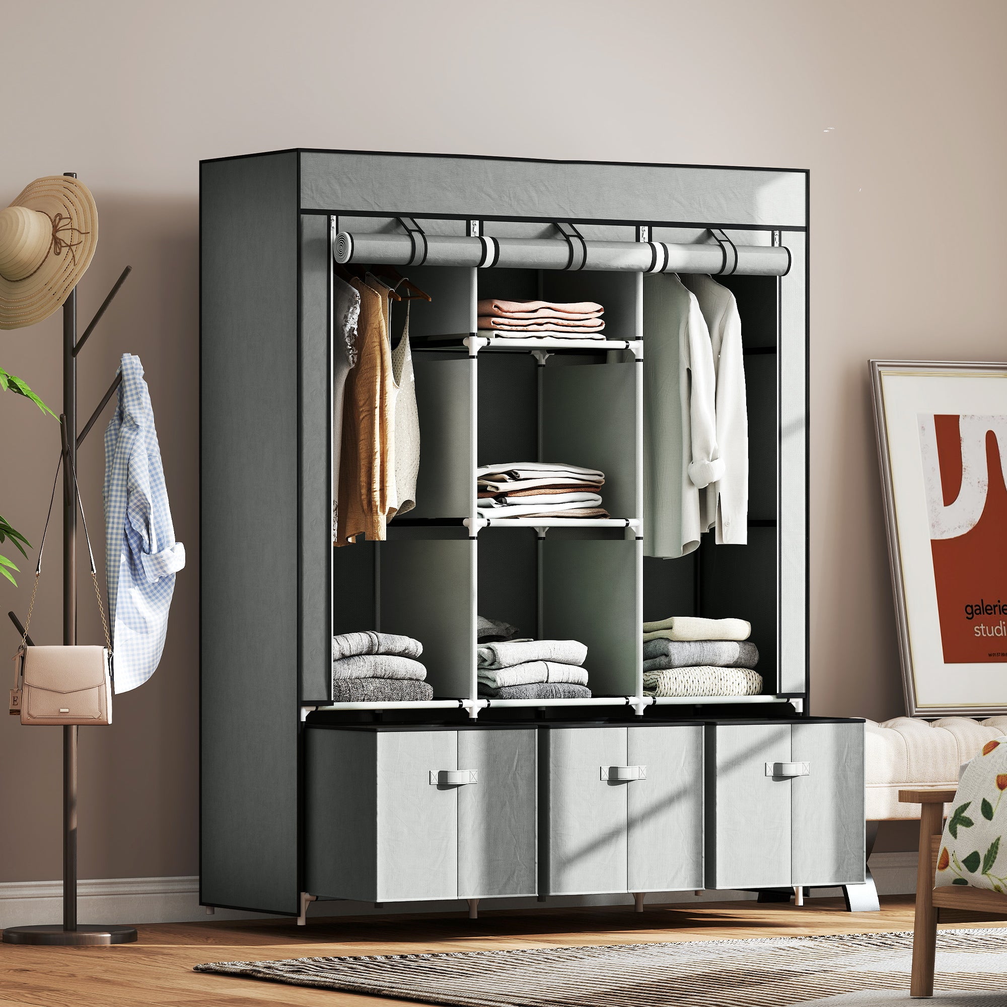 HOMCOM Stoffschrank aus Vlies, Faltschrank, inkl. 3 Schubladen, 125 cm x 43 cm x 162,5 cm, Hellgrau