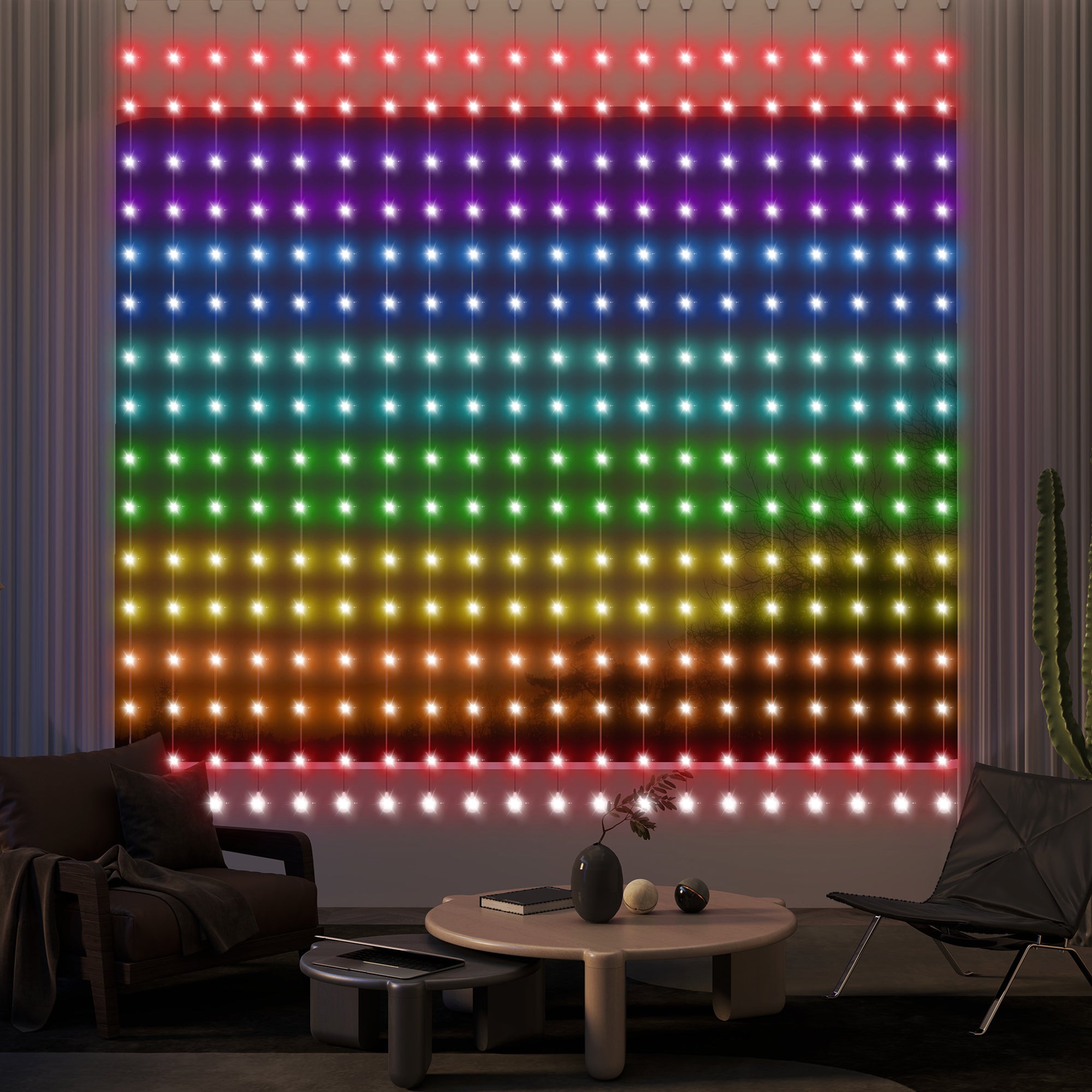 HOMCOM Vorhang mit 400 LED-Lichtern, Dynamische Lichterketten mit Musiksynchronisation für Schlafzimmer, Wohnzimmer, 3 x 3 m