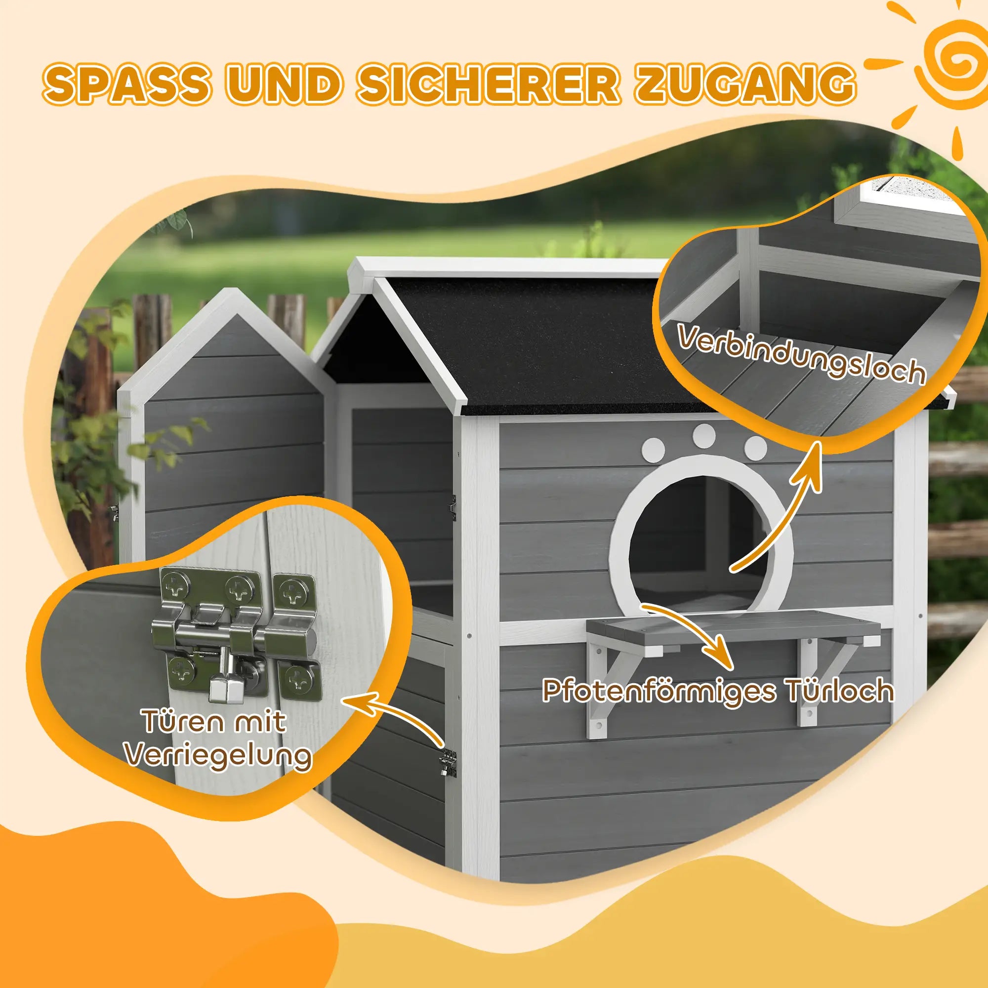 PawHut Katzenhaus aus Holz mit Balkon & Fenster, 2 Etagen, Grau