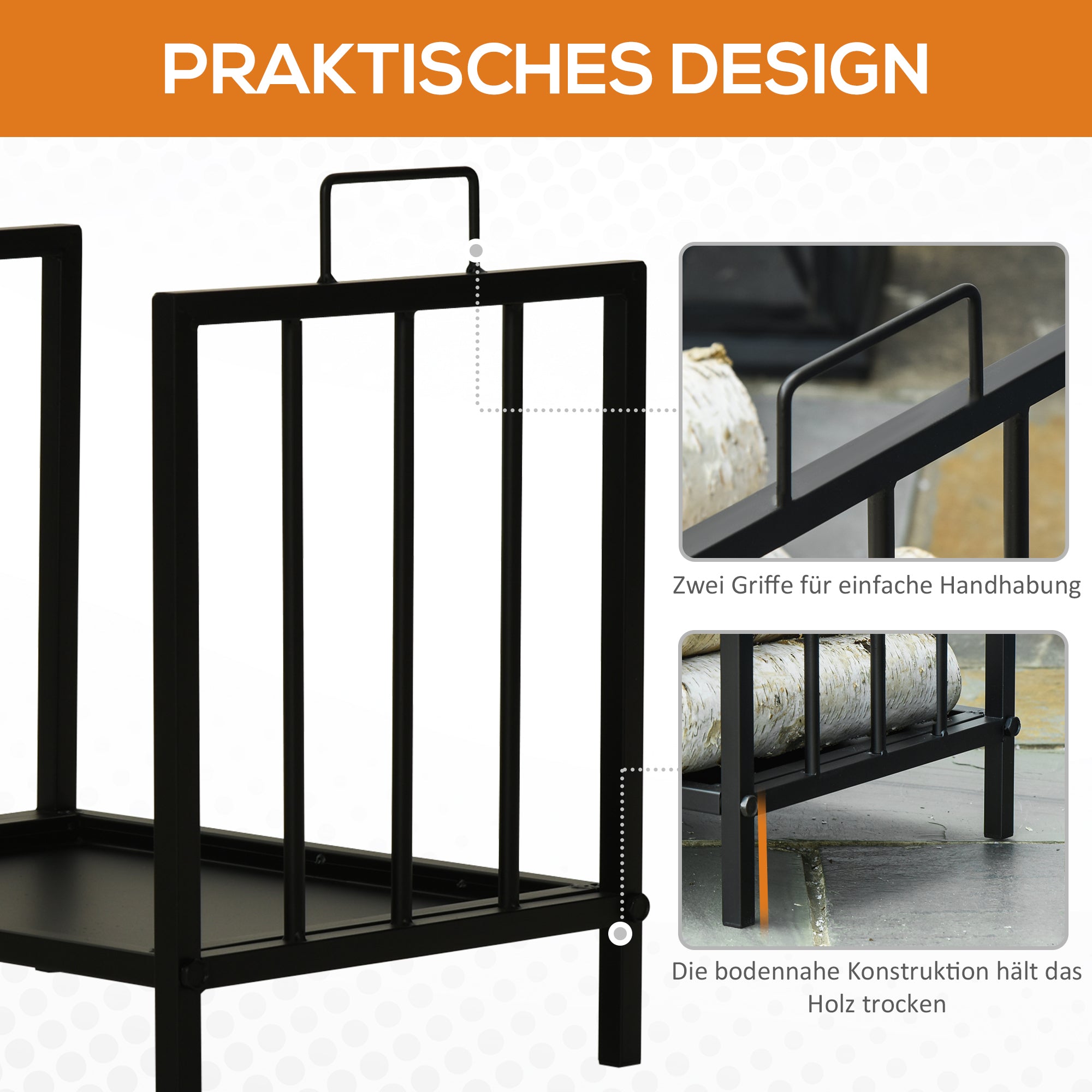 Outsunny Kaminholzregal Kaminholzständer mit zwei Griffen Kaminbesteck 50 kg belastbar Feuerholzablage Kaminwerkzeug Metall Schwarz 39 x 32,5 x 46 cm