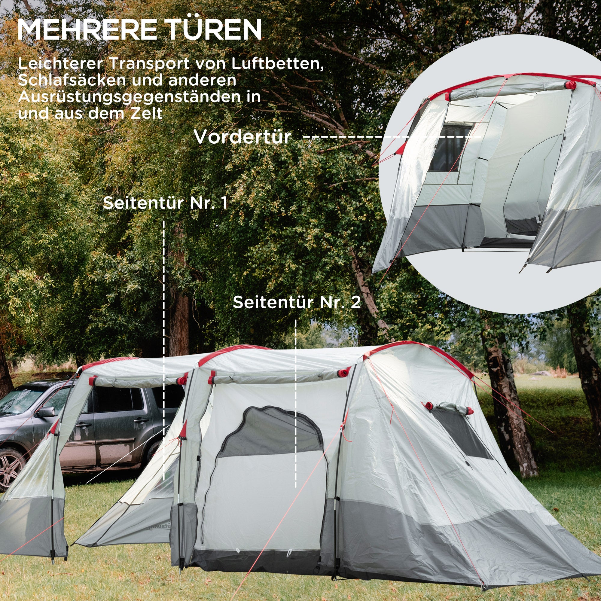 Outsunny Campingzelt, für 6-8 Personen, zwei Räume, Lampenhaken, mit Tragetasche, grau, 5,10x2,40x1,80m