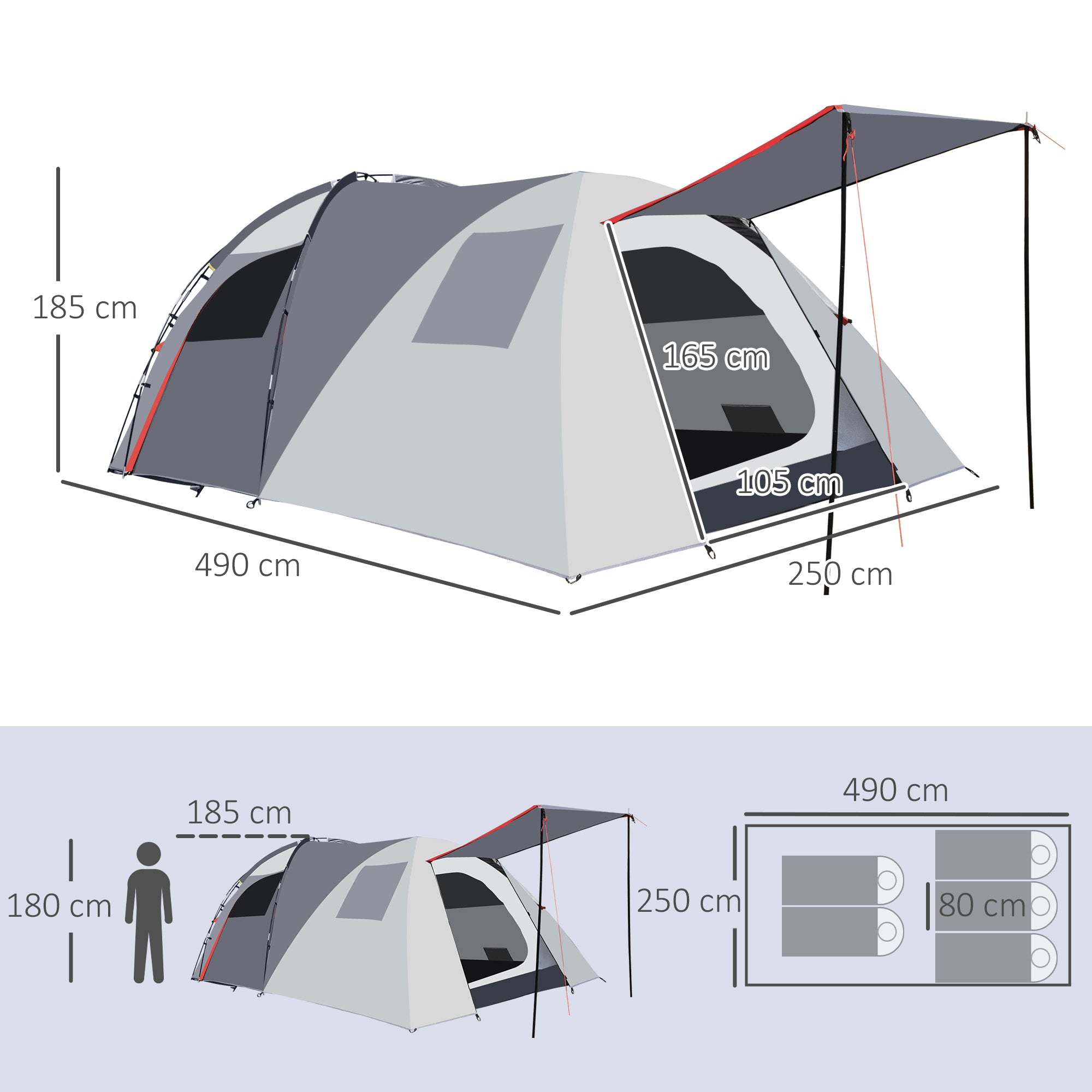 Outsunny Campingzelt für 4-5 Personen, zwei Innenräume, herausnehmbare Bodenmatte, grau, 4,90 x 2,50 x 1,85 m
