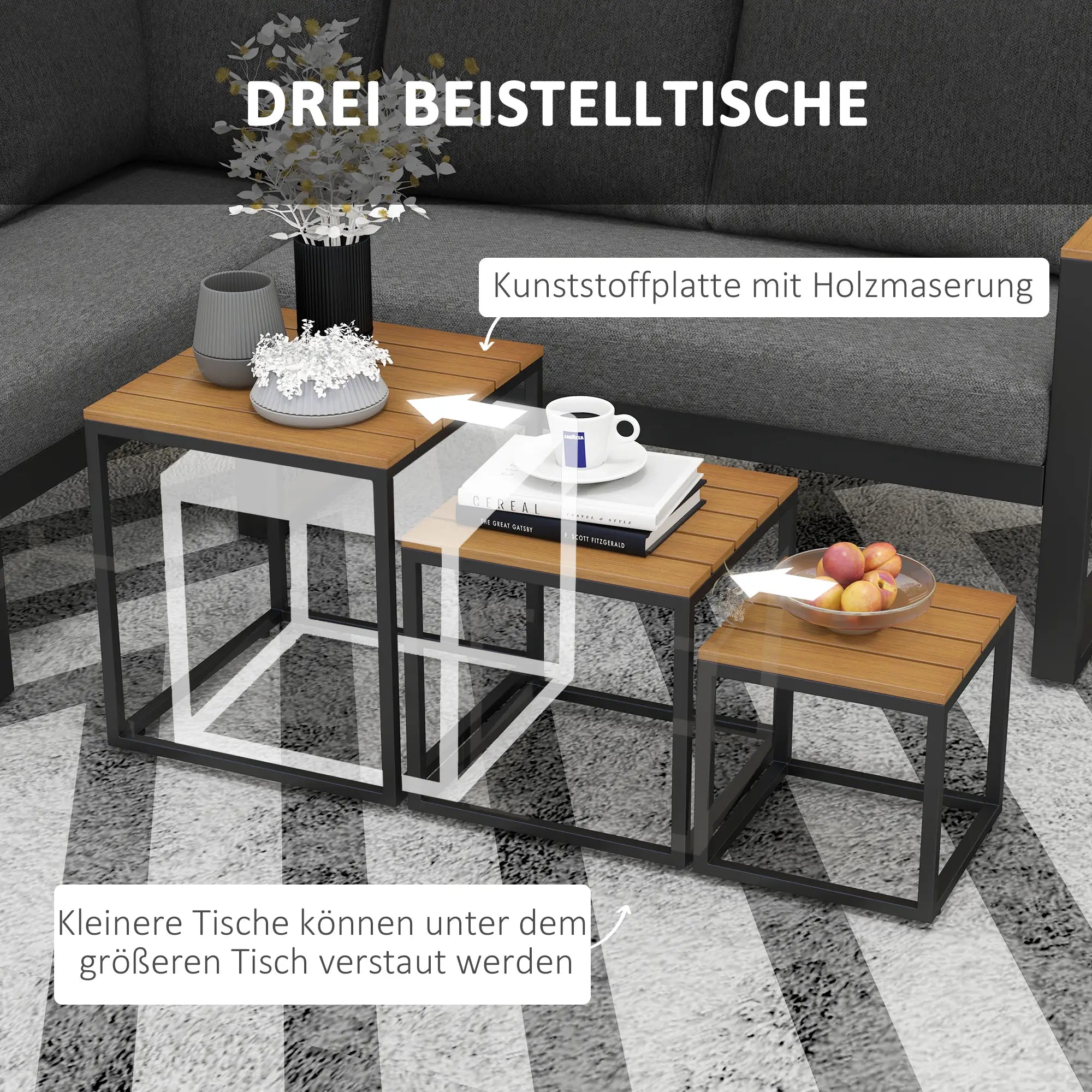 Outsunny Gartenmöbelset 5-tlg. Outdoor-Sofa mit 3 Couchtischen Aluminium