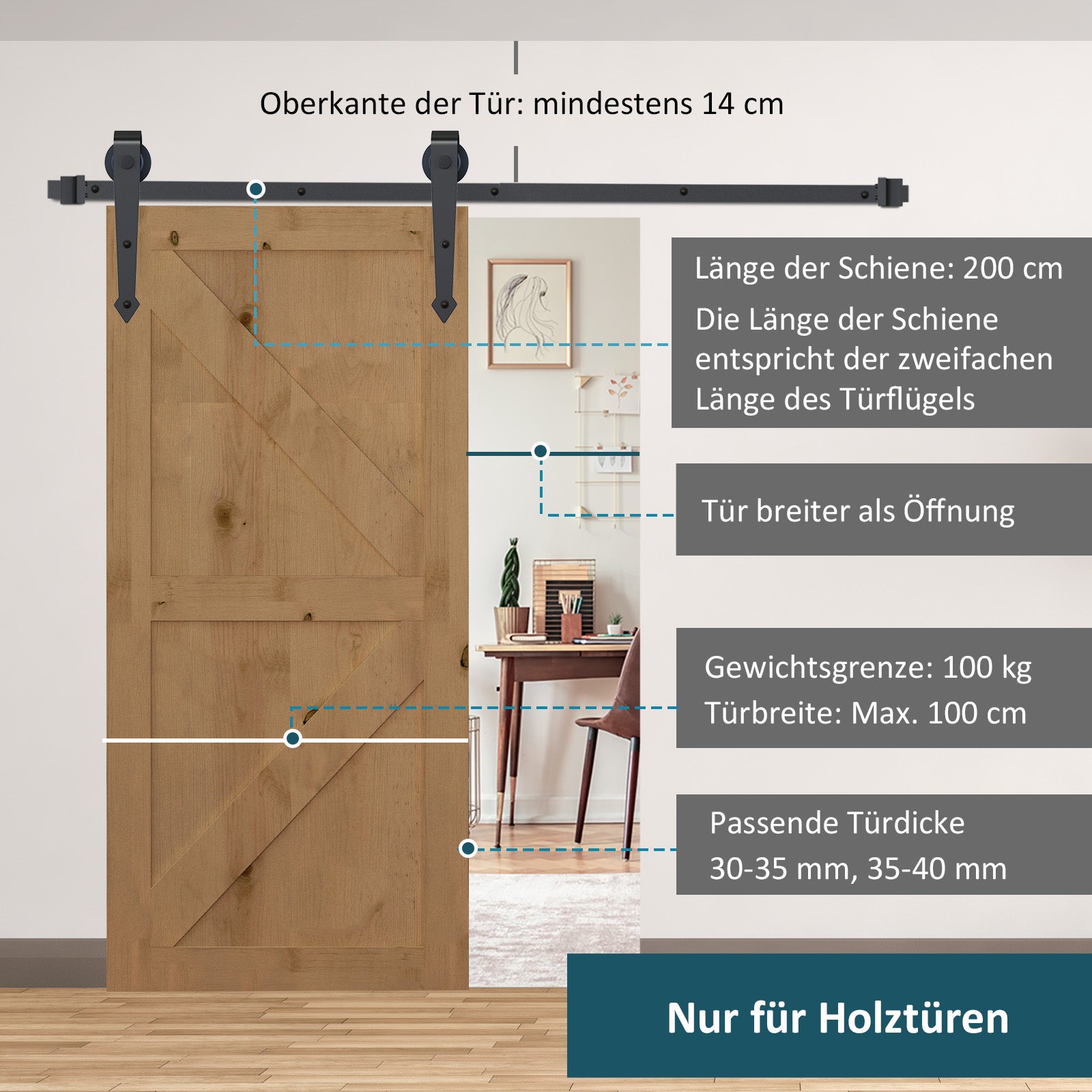 HOMCOM Gleitschienen-Bausatz für Schiebetüren, Metall, 2 m, max. 100 kg Belastbarkeit, Braun