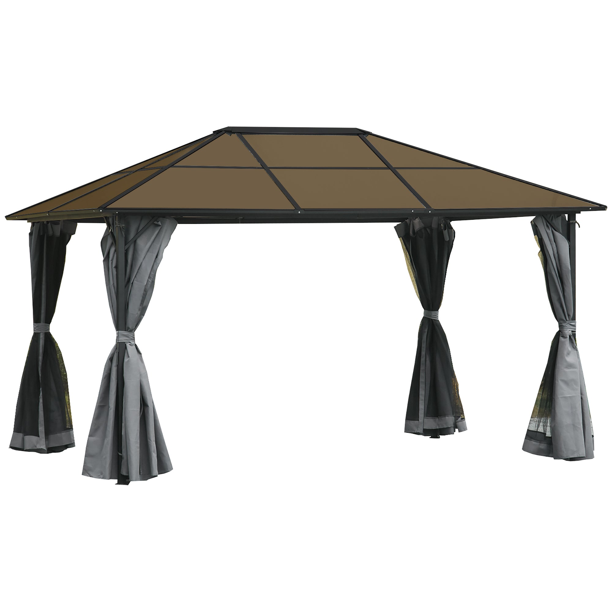 Outsunny Pavillon mit Polycarbonatdach, Vorhänge mit Fliegennetz, Alugestell, dunkelgrau, 3 x 4 x 2,6 m