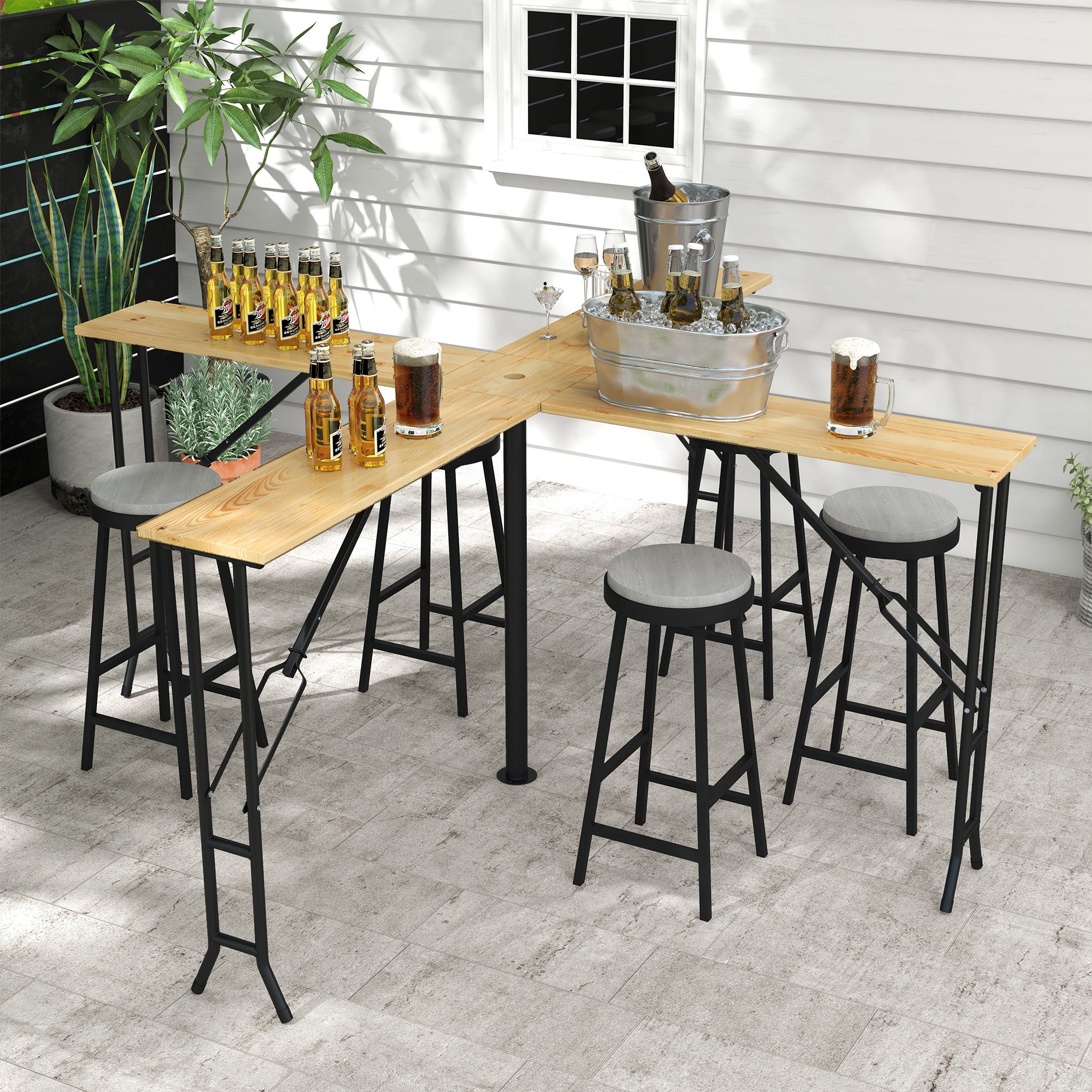 Outsunny Picknicktisch, Outdoor Klapptisch, bis 20 Personen, wetterfest, Metall, Tannenholz, 2,4x2,4x1m, Natur/Schwarz