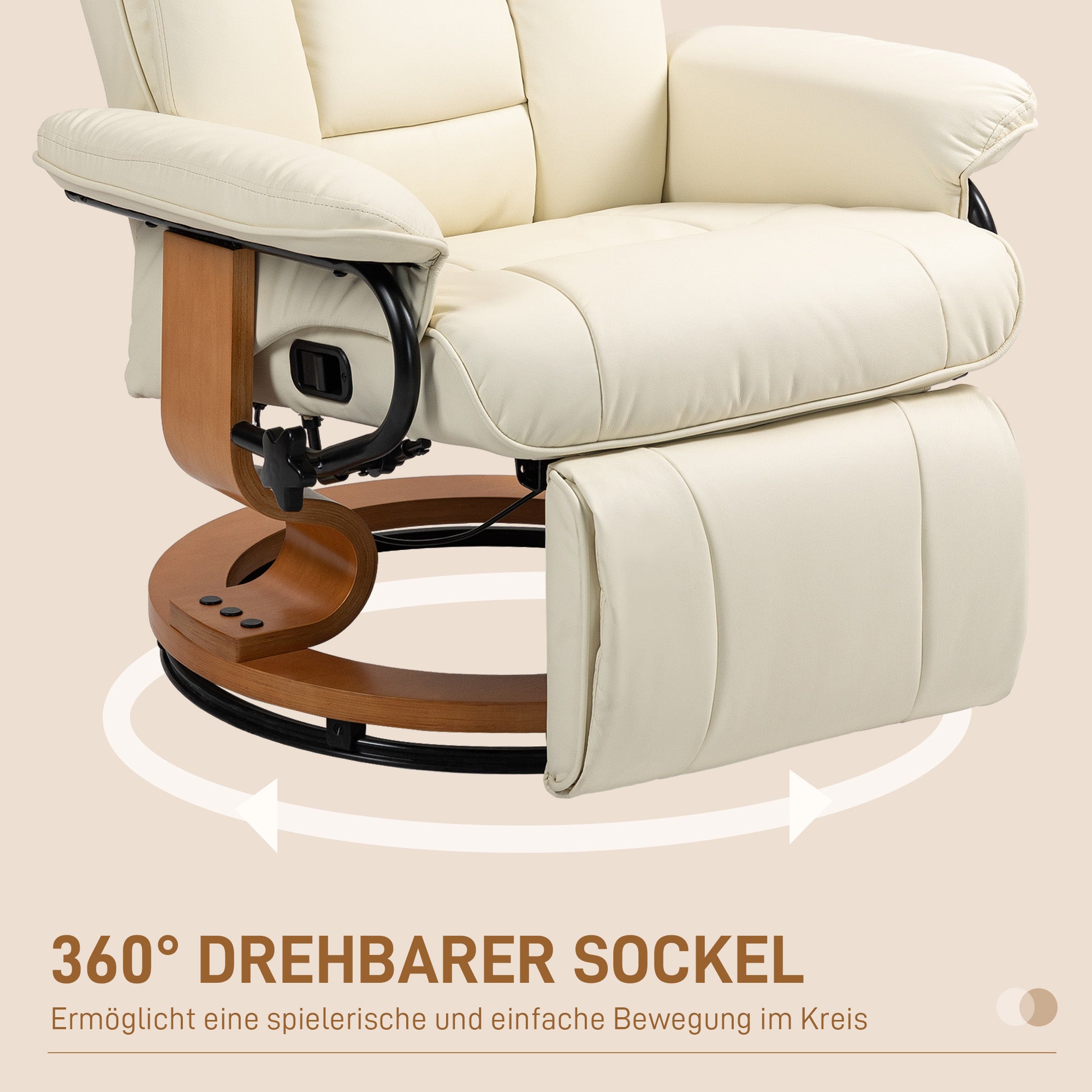 HOMCOM Relaxsessel mit Liegefunktion, drehbar, bis 150 kg, Kunstlederbezug, Stahlrahmen, Cremeweiß