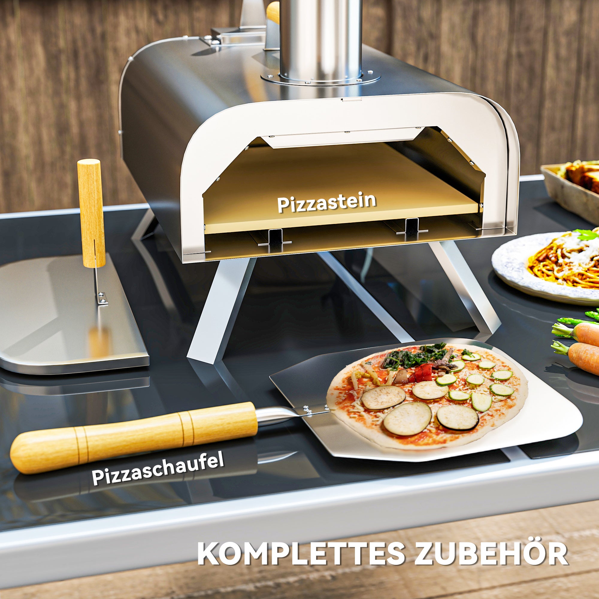 Outsunny Outdoor-Pizzaofen, Tragbarer Pizza-Ofen mit Pizzastein und Schaufel, klappbare Beine, Schornstein, Edelstahl