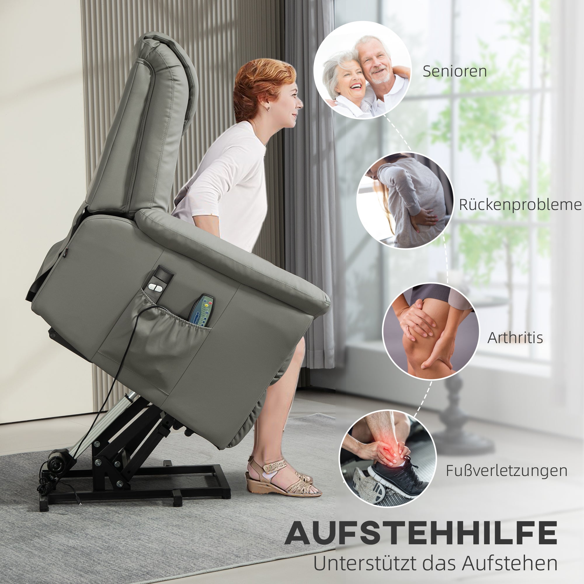 HOMCOM Relaxsessel mit Aufstehhilfe, Massage, Heizung, Kunstleder, 93x95x106 cm, Hellgrau