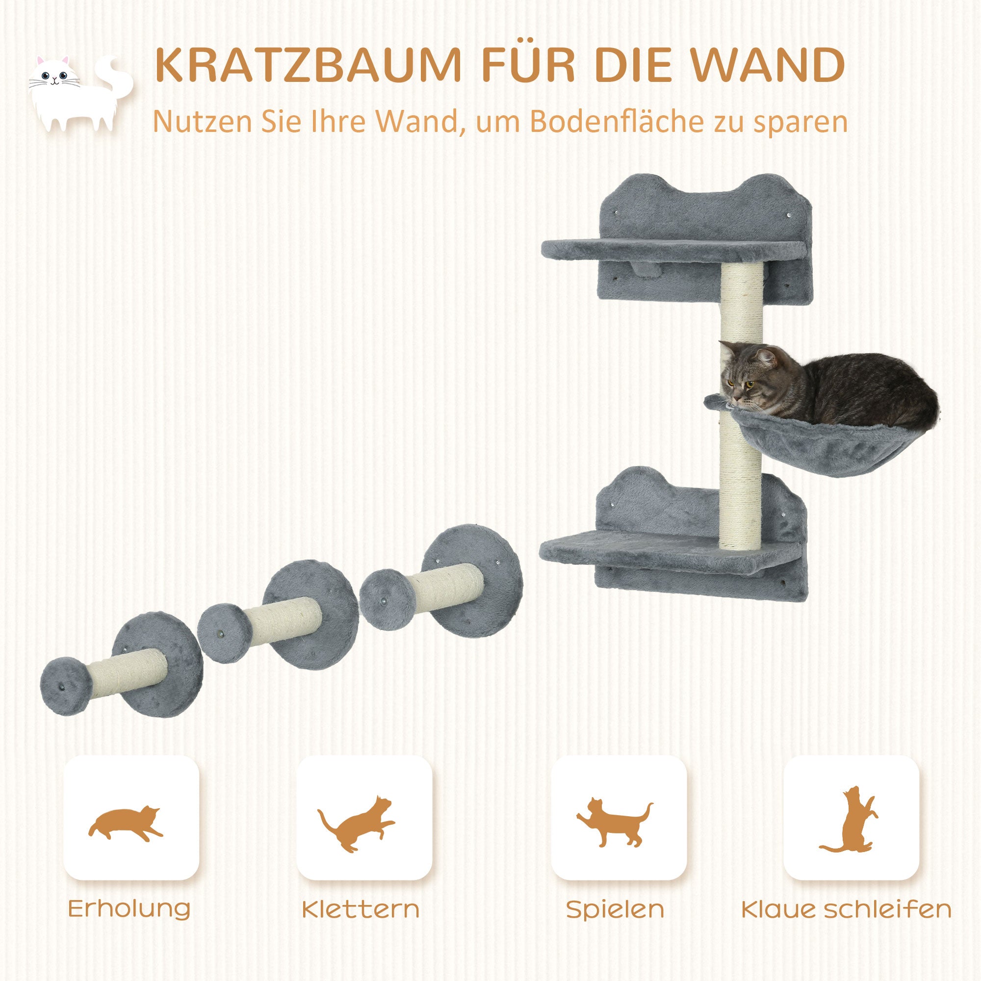 PawHut Kletterstufen, Kletterwand, Katzentreppe, 4-tlg. Set, mit Kratzbaum, Hängematte, grau+cremeweiß, 40 x 28 x 73cm