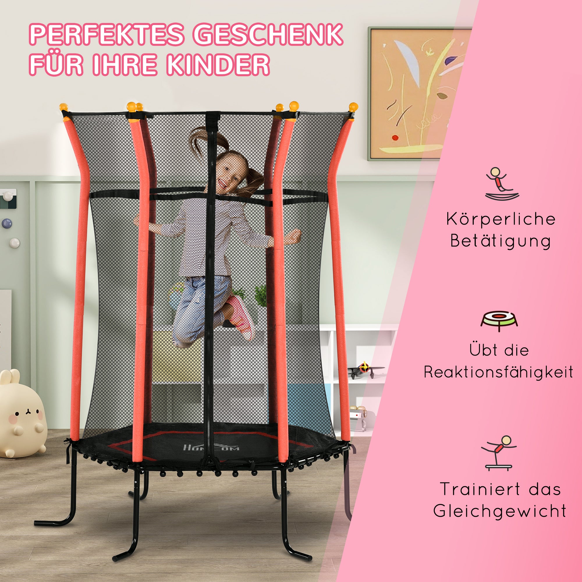 HOMCOM Trampolin für Kinder, Ø163,5 cm, mit Sicherheitsnetz, gepolstert, Stahl, belastbar bis 50 kg, Schwarz & Rot