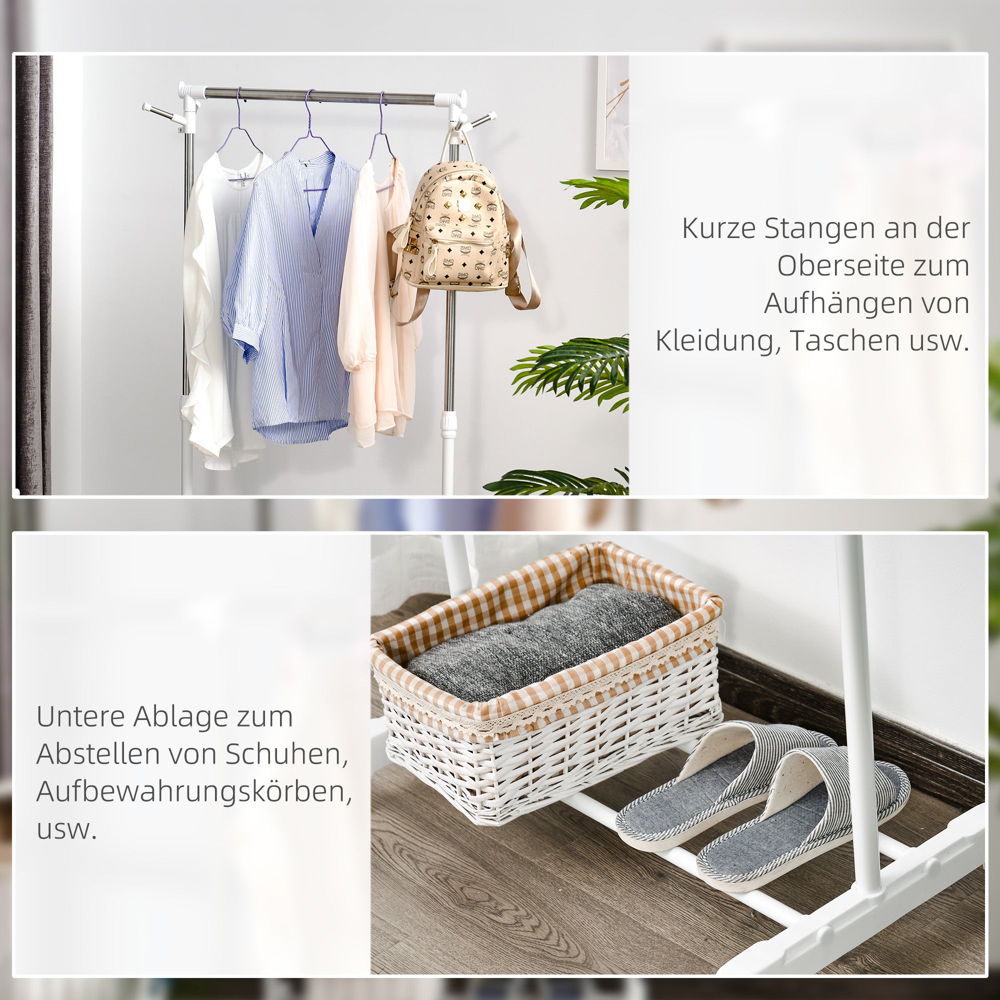HOMCOM Rollbarer Garderobenständer, höhenverstellbar, mit unterer Ablage, 4 Räder, Weiß