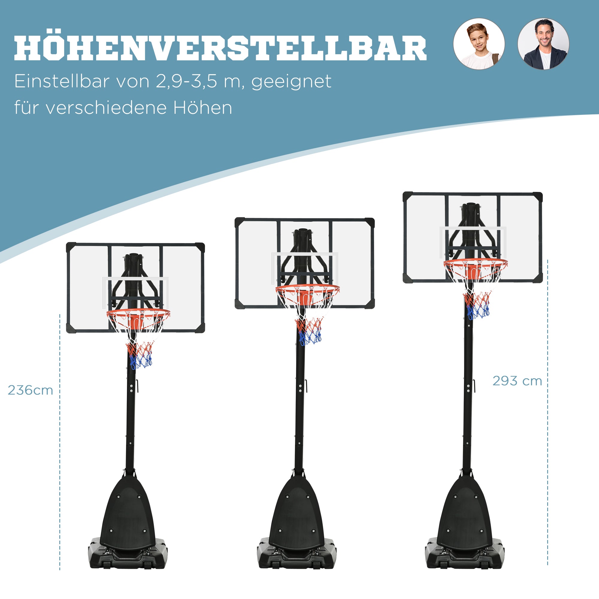 SPORTNOW Basketballständer, verstellbare Korbhöhe 2,3-2,9 m, untere Pralllatte, befüllbare Basis, rot+schwarz